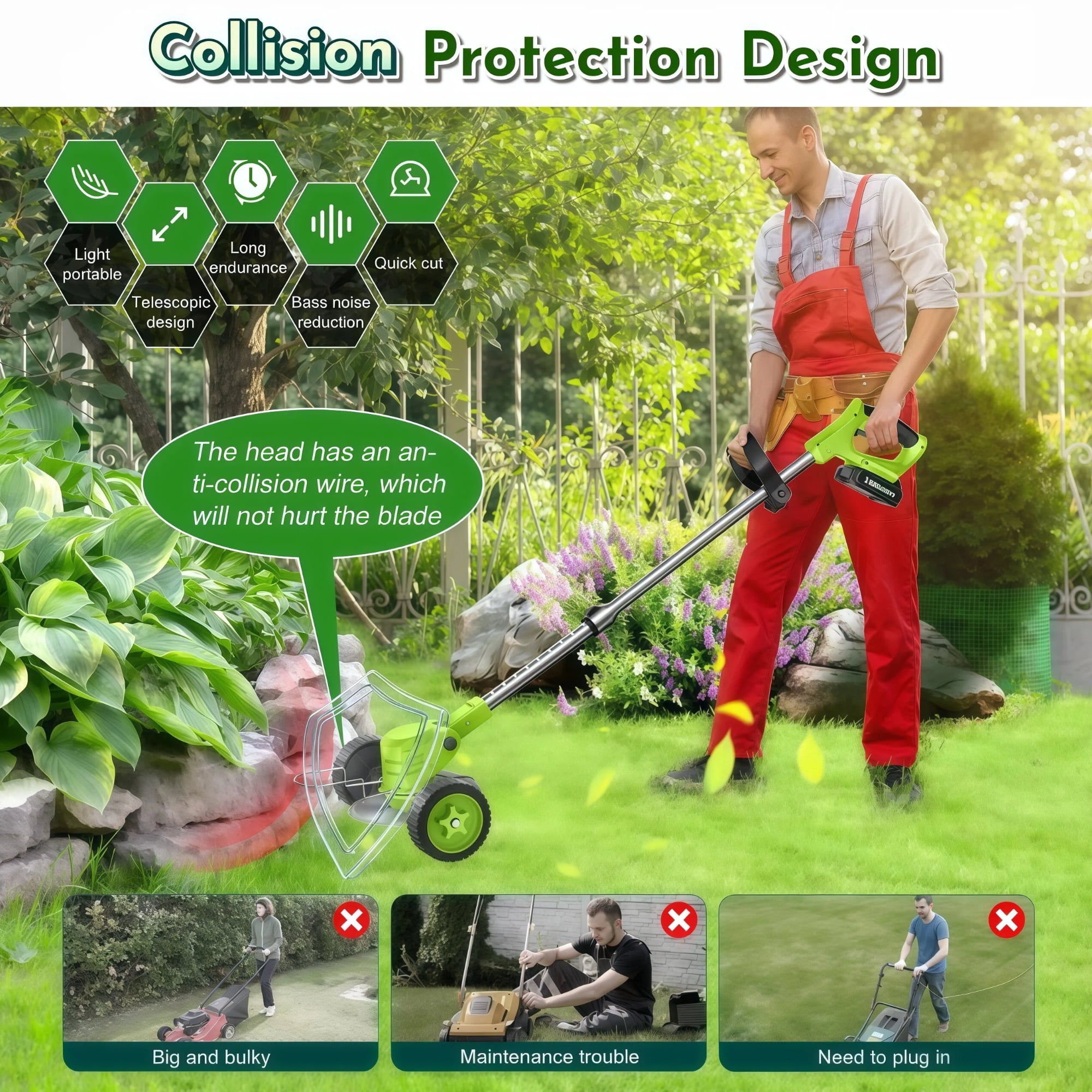 Teblint 800W Cordless Electric Weed Wacker, String Trimmer and Edger with Wheels, 21V Batteries, Adjustable Telescopic Pole (Green, 4.5 lb) 1hgmz