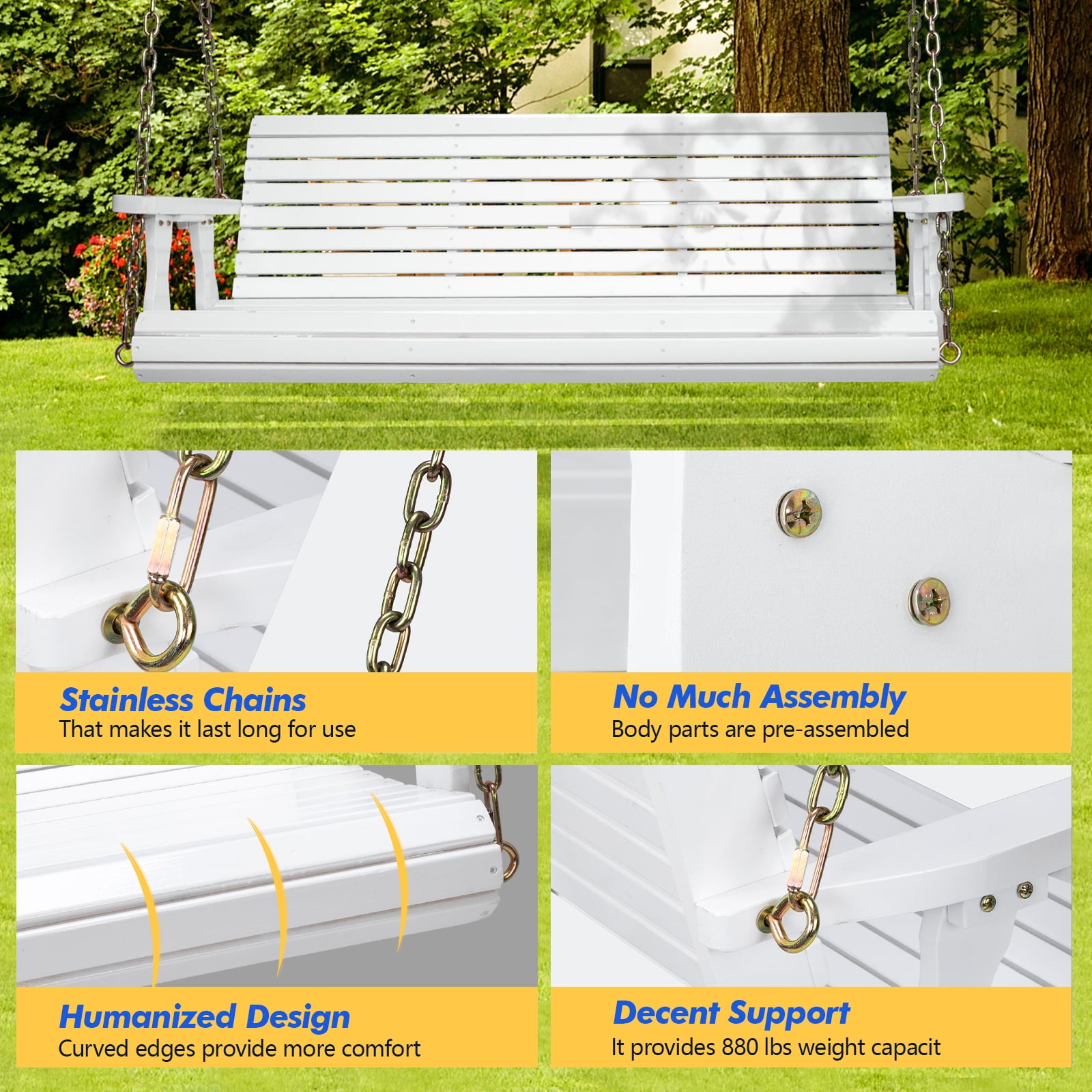 Zimtown Wooden Porch Swing Bench, Heavy-Duty Outdoor Hanging Chair with Chains (White, 5 ft) bi4zv