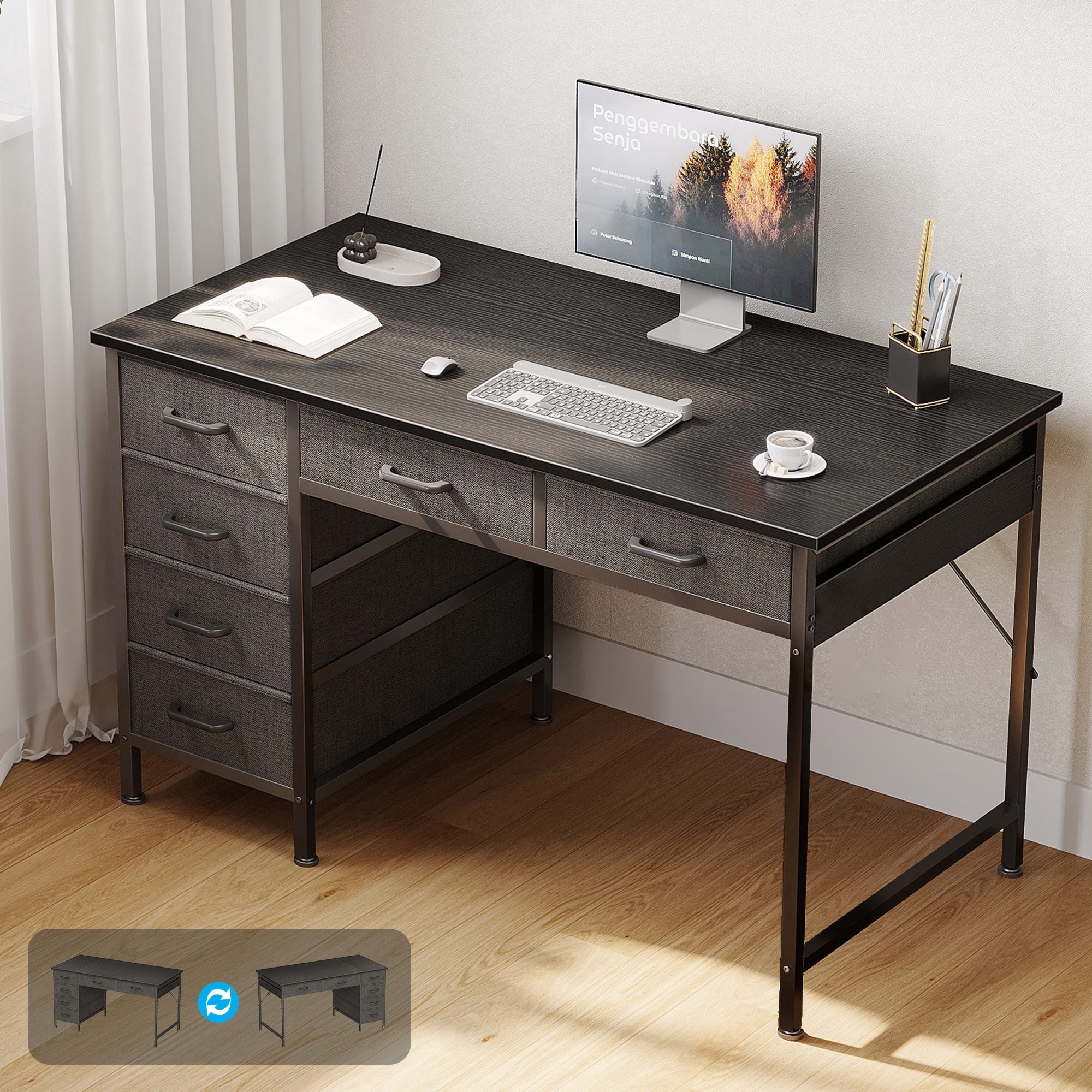 Casacomoda Home Office Desk with 6 Drawers, Modern Computer Desk for Small Spaces (Black, 40 in) 7foyz