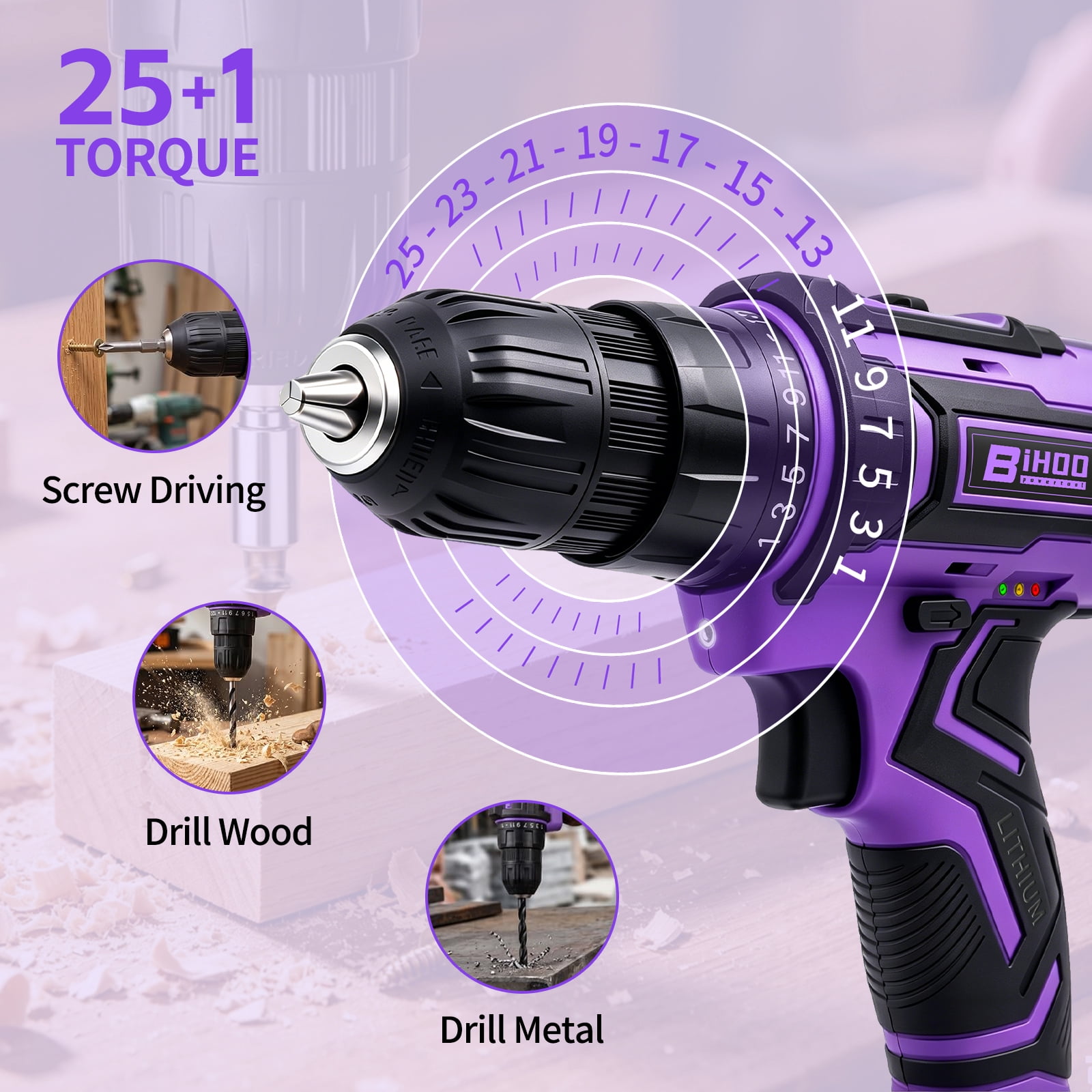 Loonpon 20V Cordless Power Drill Set with Battery and Charger (Purple, 3/8-Inch Chuck) yx8e0