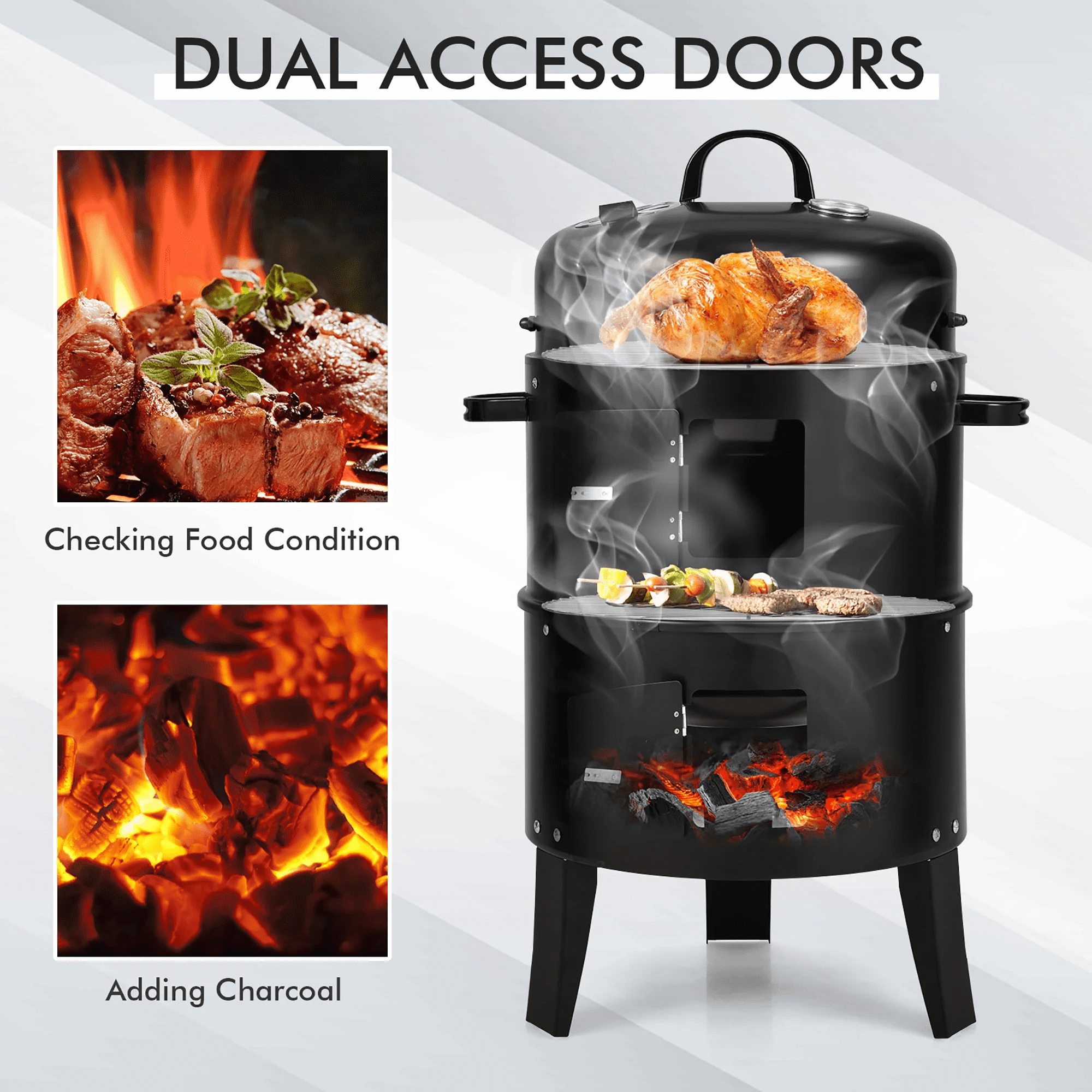 Seizeen 16 in 3-in-1 Charcoal Smoker and Grill, Portable Outdoor BBQ Fire Pit with Double-layer Design (Black, 16 in) ad42i