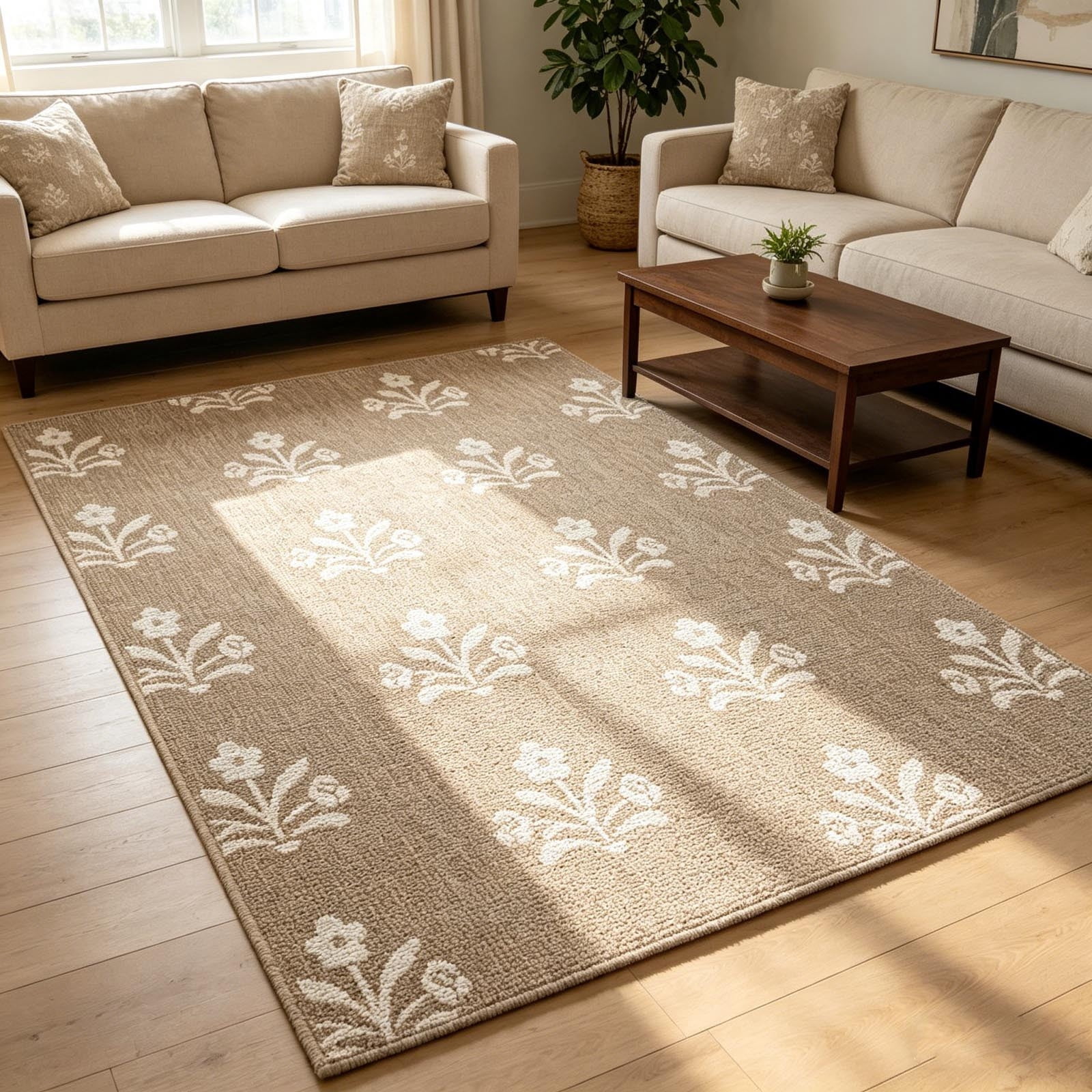 FEOLGEHLY Indoor Outdoor Area Rug, Boho Floral Patio Mat, Weather Resistant Flatweave Carpet (Beige White, 36 in x 48 in) 3pfgh
