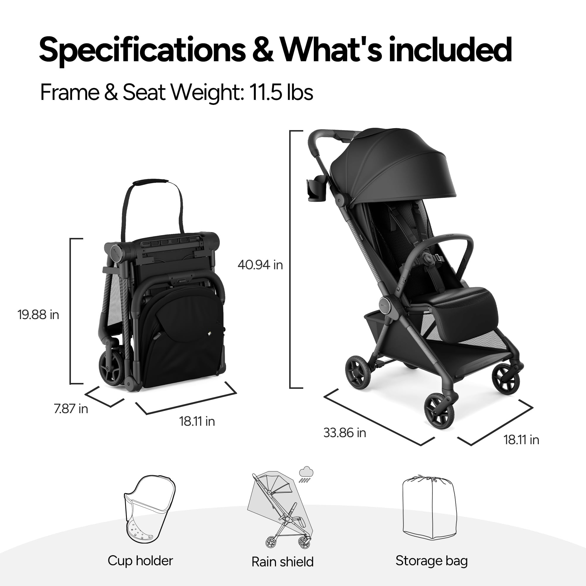 Mompush Nexis Carbon Ultra-Light Travel Stroller (Black, 50 lb Capacity) bntmj