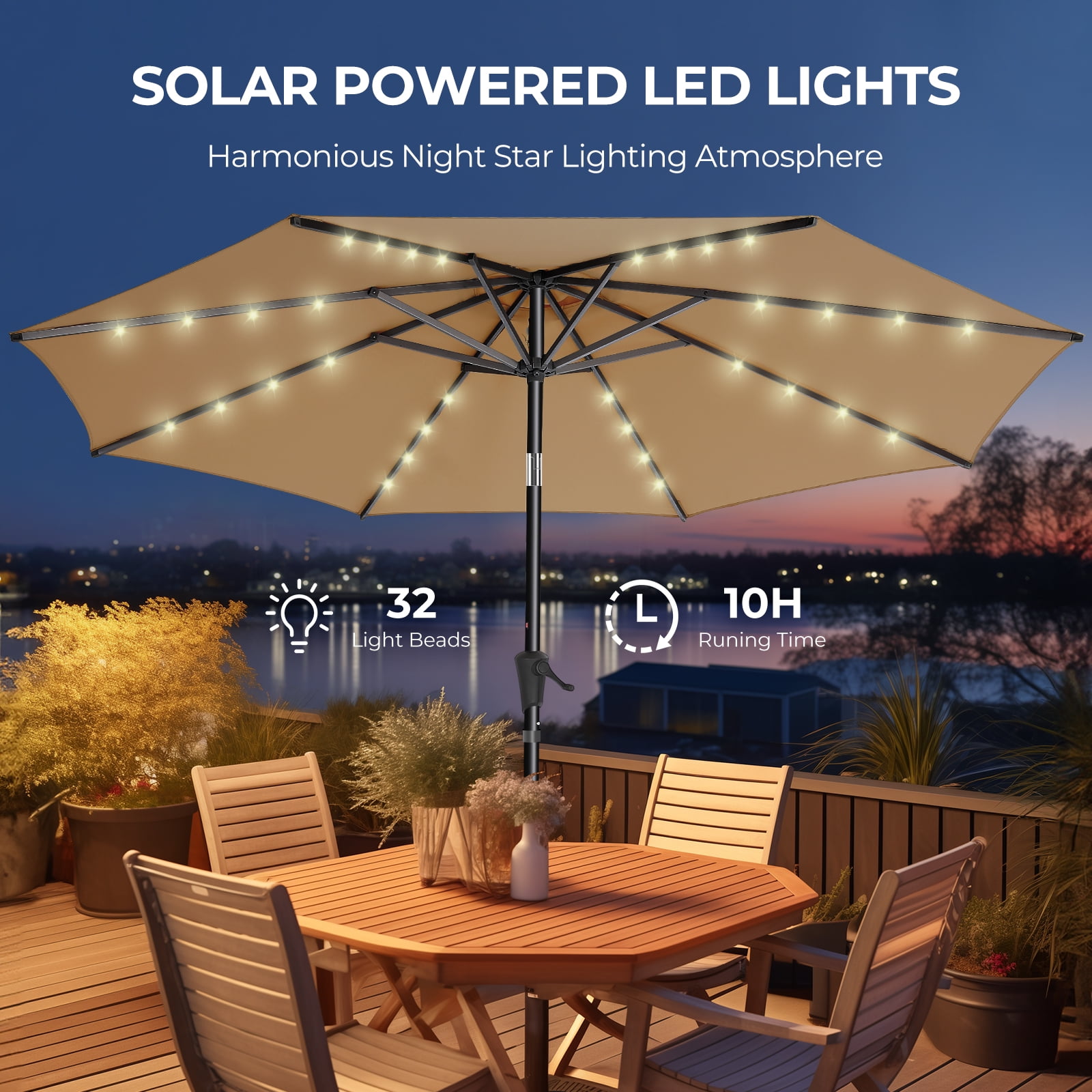 Patbrela 9ft Solar Powered LED Patio Umbrella with Tilt Adjustment and UV-Resistant Fabric (9 ft) 7n524