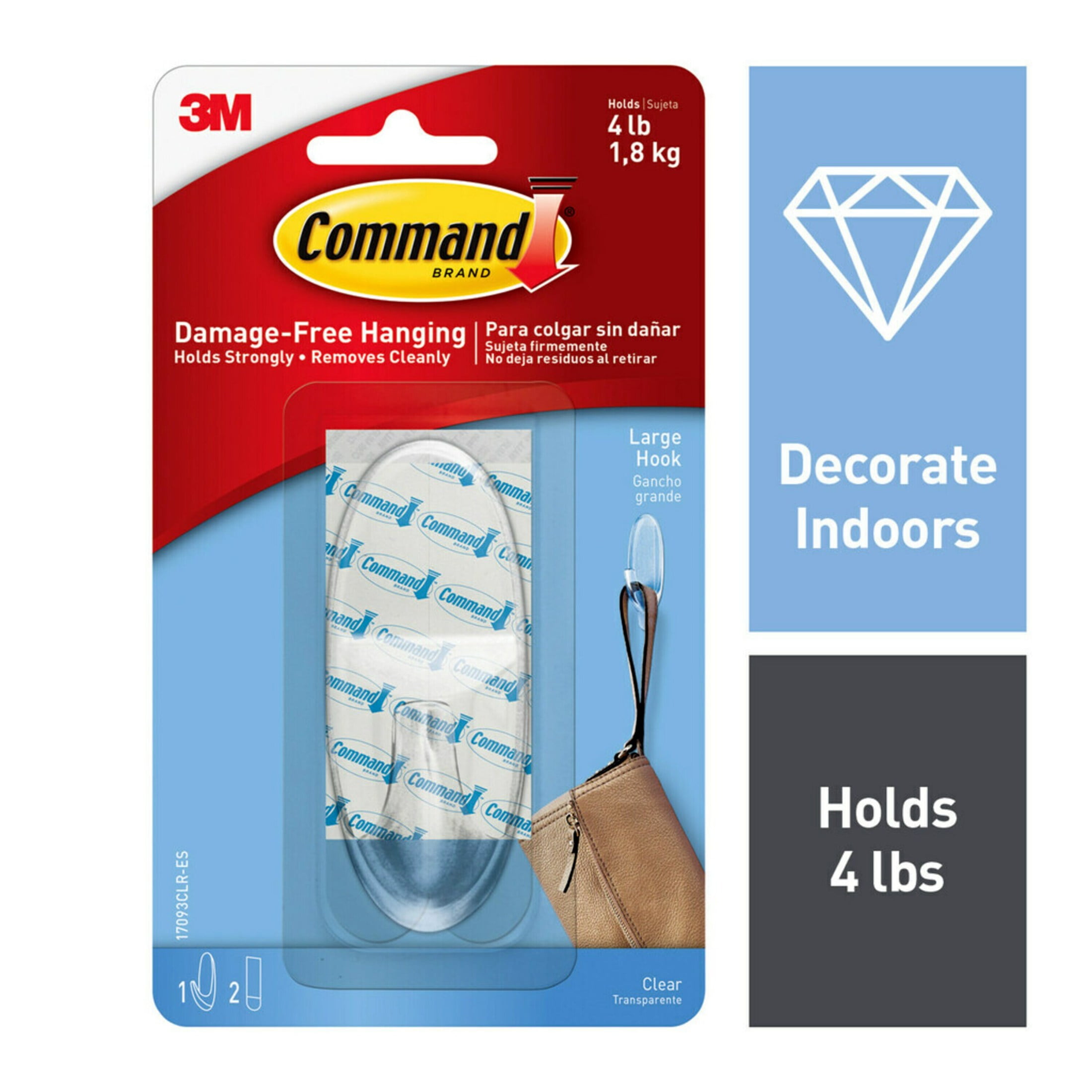 Command Large Clear Adhesive Wall Hook with Clear Strips (Clear, 1 Hook, 2 Strips) mr37a