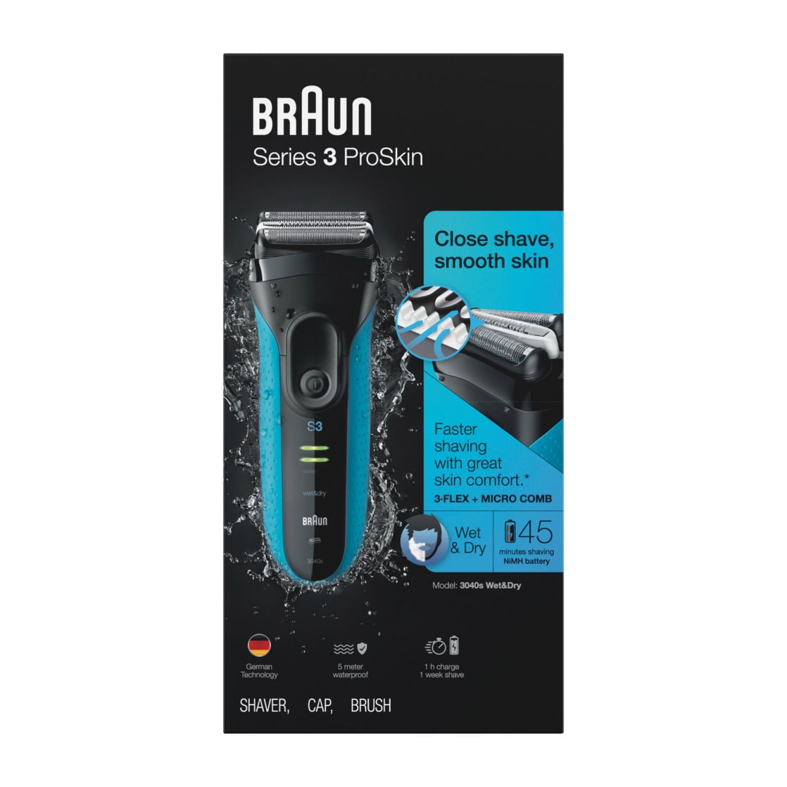 Braun Series 3 ProSkin 3040s Electric Shaver, Wet & Dry Grooming Kit with Precision Trimmer (Blue) qalb6