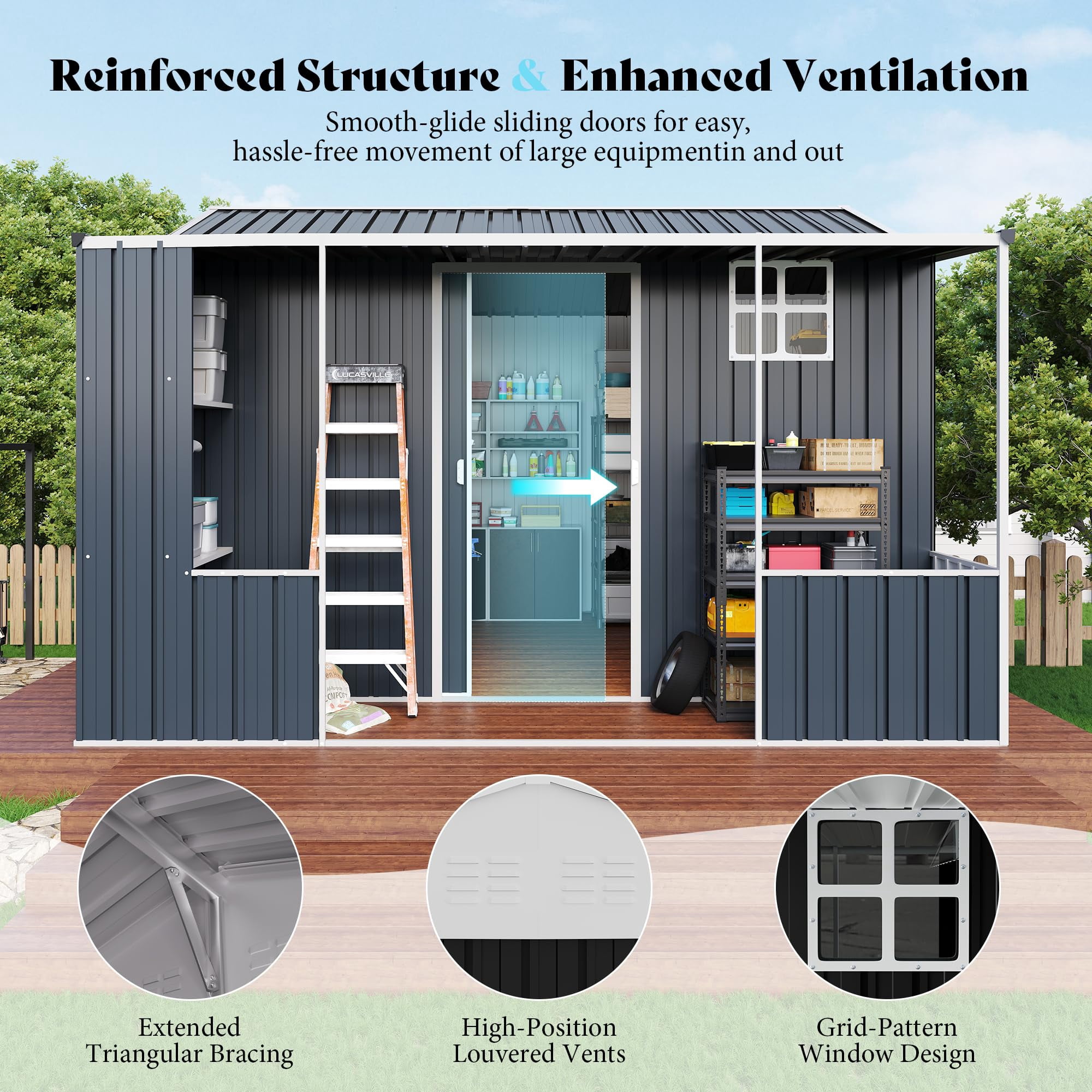Jocisland Metal Storage Shed, Dual-Zone Outdoor Tool Shed with Work Area, Reinforced Frame, Gable Roof (Dark Grey, 10 ft x 10.5 ft x 7 ft) ls405