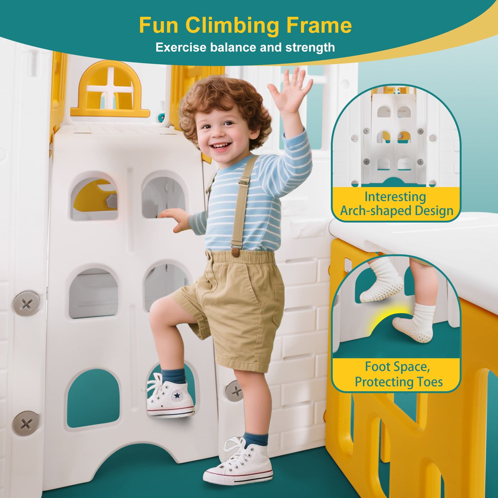 Joyldias 10-in-1 Toddler Slide and Swing Playset with Playhouse and Basketball Hoop (Green, Yellow, White) aeisf