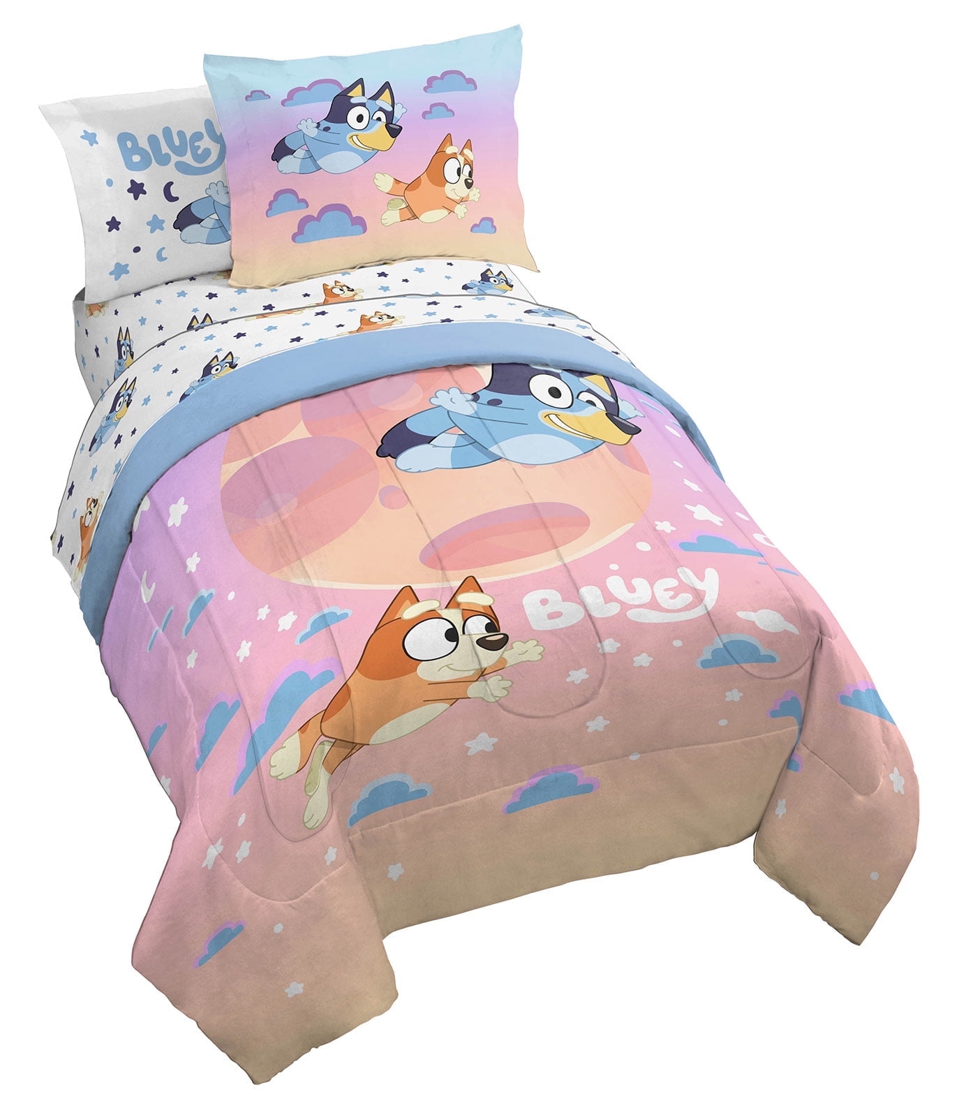 Bluey Sisters Sleepy Time 7-Piece Full Size Bedding Set (Pink, Full) 2mc06