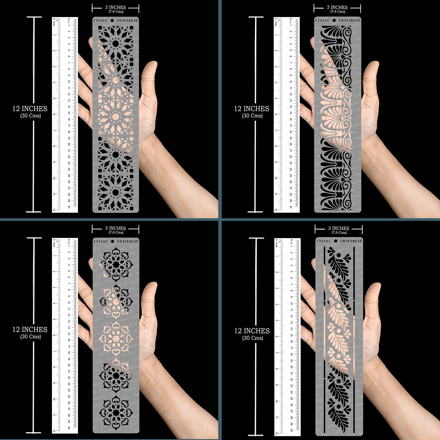 CrafTreat Border Stencil Set for Painting and DIY Crafts (Clear, 4 Pcs, 3 in x 12 in) lt7r5
