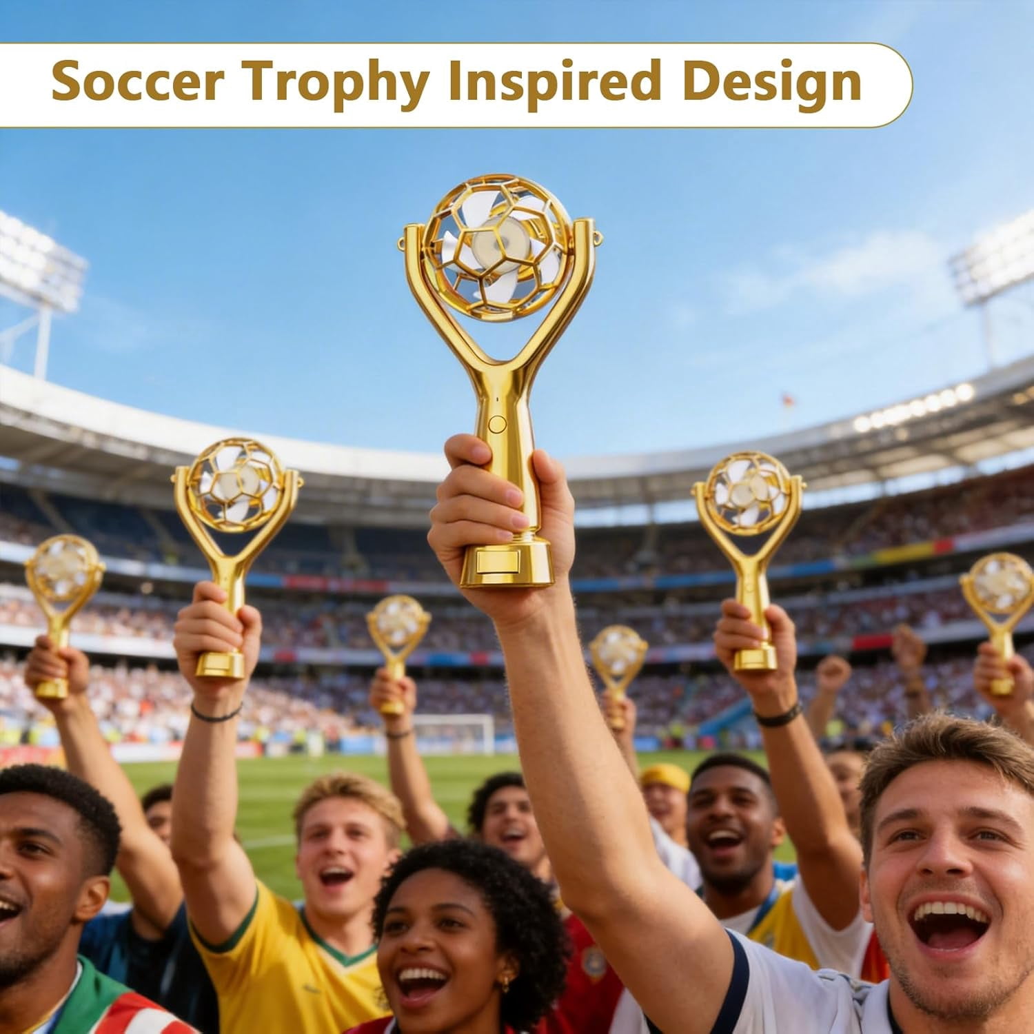 Desiso Handheld Soccer Trophy Fan, Portable USB Rechargeable Cooling Device, Quiet 3-Speed Stadium Fan (Rose Gold, 1 Unit) ko4jz