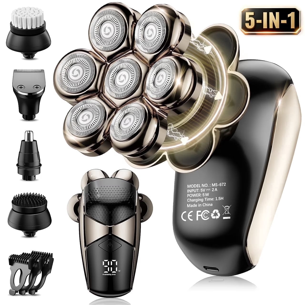 Nogroa 7D Rotary Head Shaver for Bald Men, 5-in-1 Electric Grooming Kit, Waterproof Cordless Razor (Black, 1 Kit) gw4ql