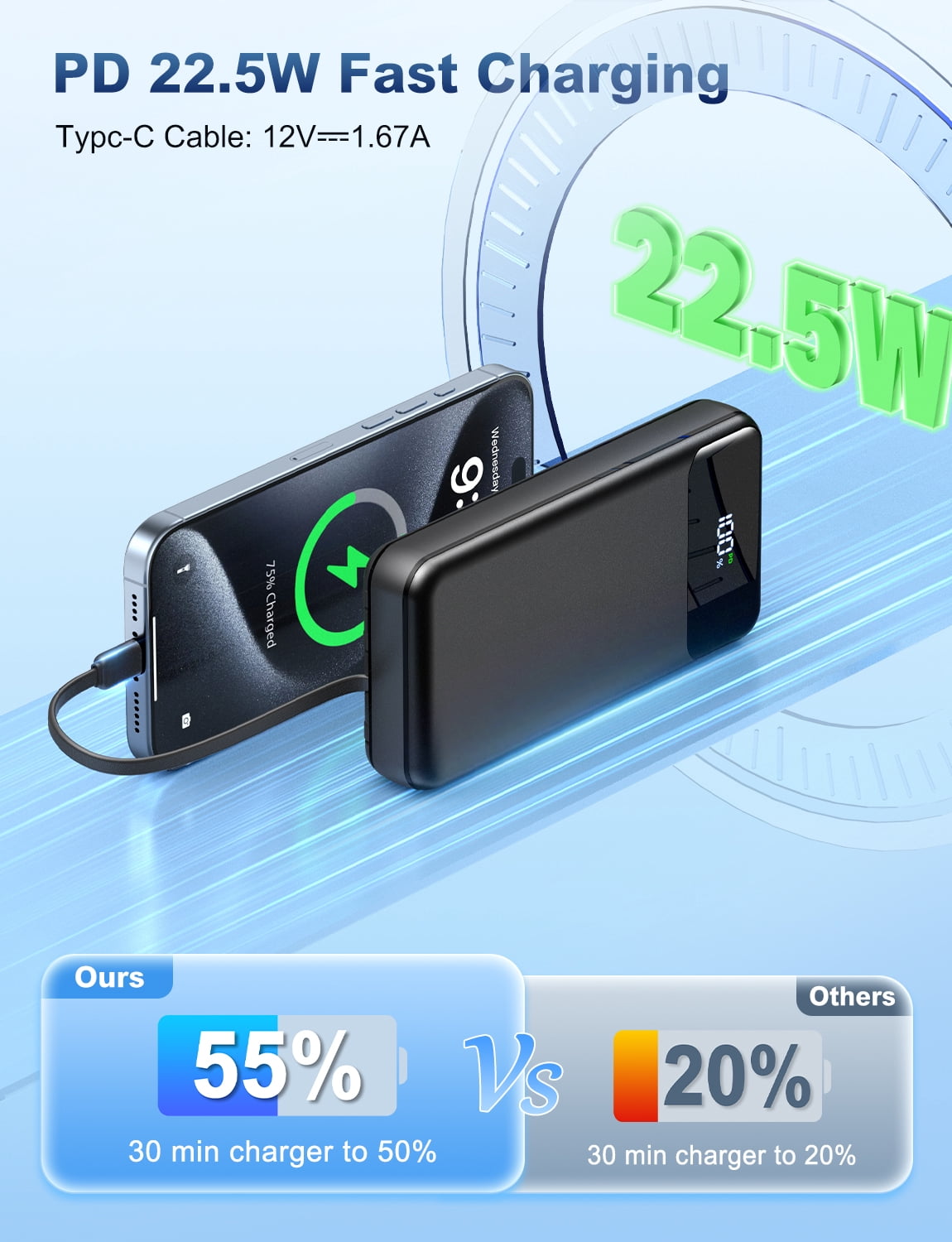 Breezio Portable Charger Power Bank 50000mAh High-Speed External Battery Pack (Black, 1.07 lb) 61wy5