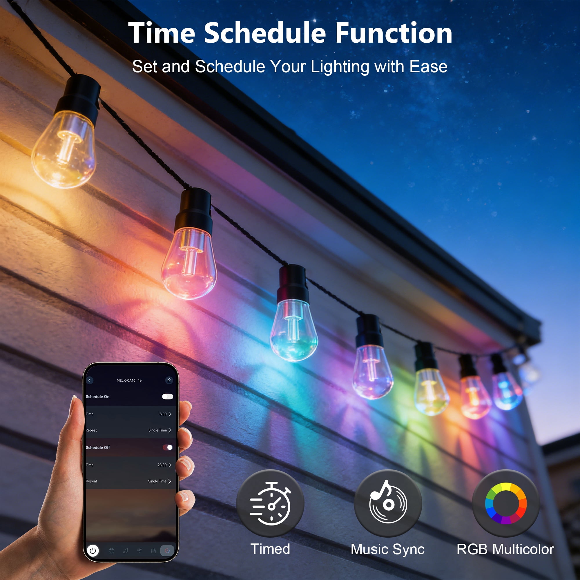 Beizelte RGB LED Outdoor String Lights, Dimmable Waterproof Chasing Color Patio Lighting with App Control (Multicolor, 150 ft) 5e2em