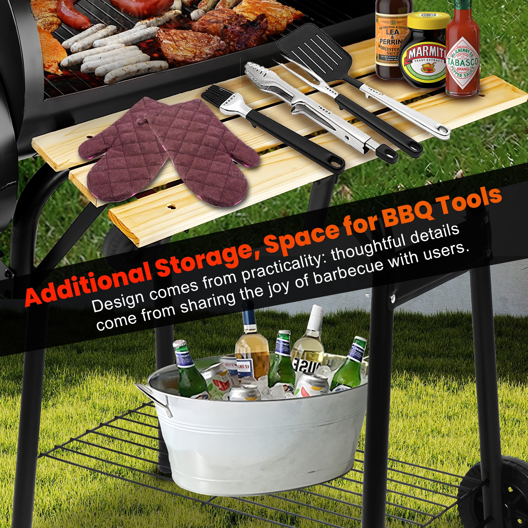 Seizeen Charcoal Grill with Offset Smoker, Outdoor BBQ Grill with Side Table (Black, 44 in x 25 in x 45 in) dq2j8