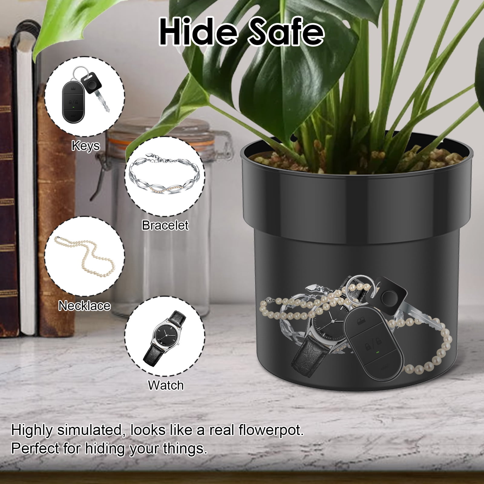 RZVNMKO Flower Pot Diversion Safe with Fireproof Money Bag and Lock (Black, 5.5 in Diameter) siffn