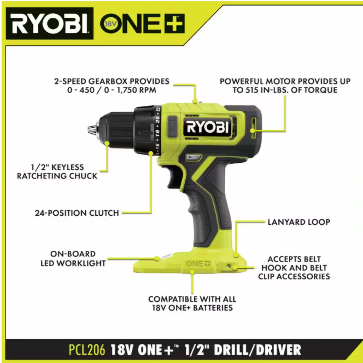 Ryobi 18V Cordless Drill Driver with 1.5 Ah Battery and Charger (Green, 0.5 in Chuck) 746bk