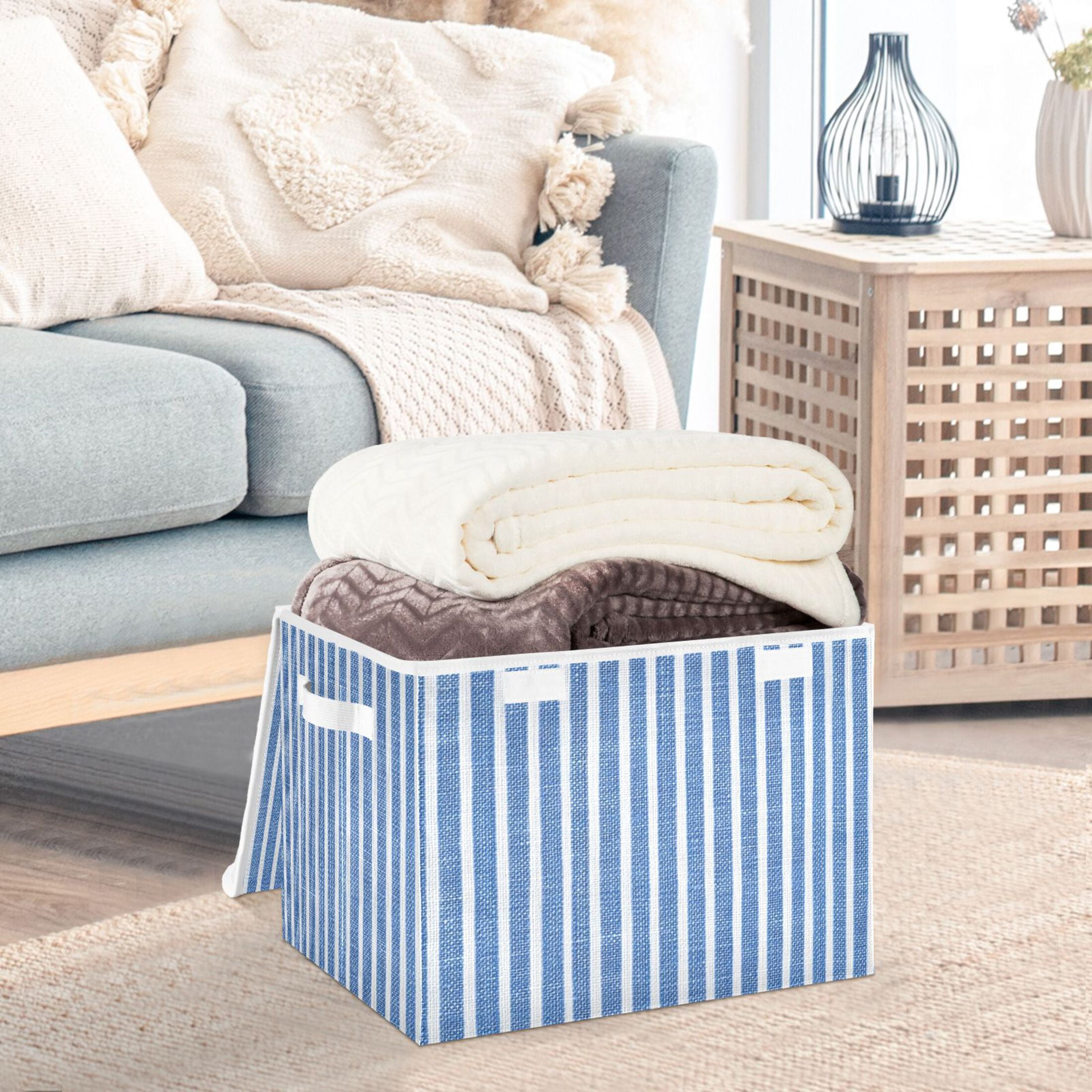 Booyaa Striped Fabric Storage Bin with Lid and Handles (Blue and White, 16.5 x 12.6 x 11.8 in) uyxy8