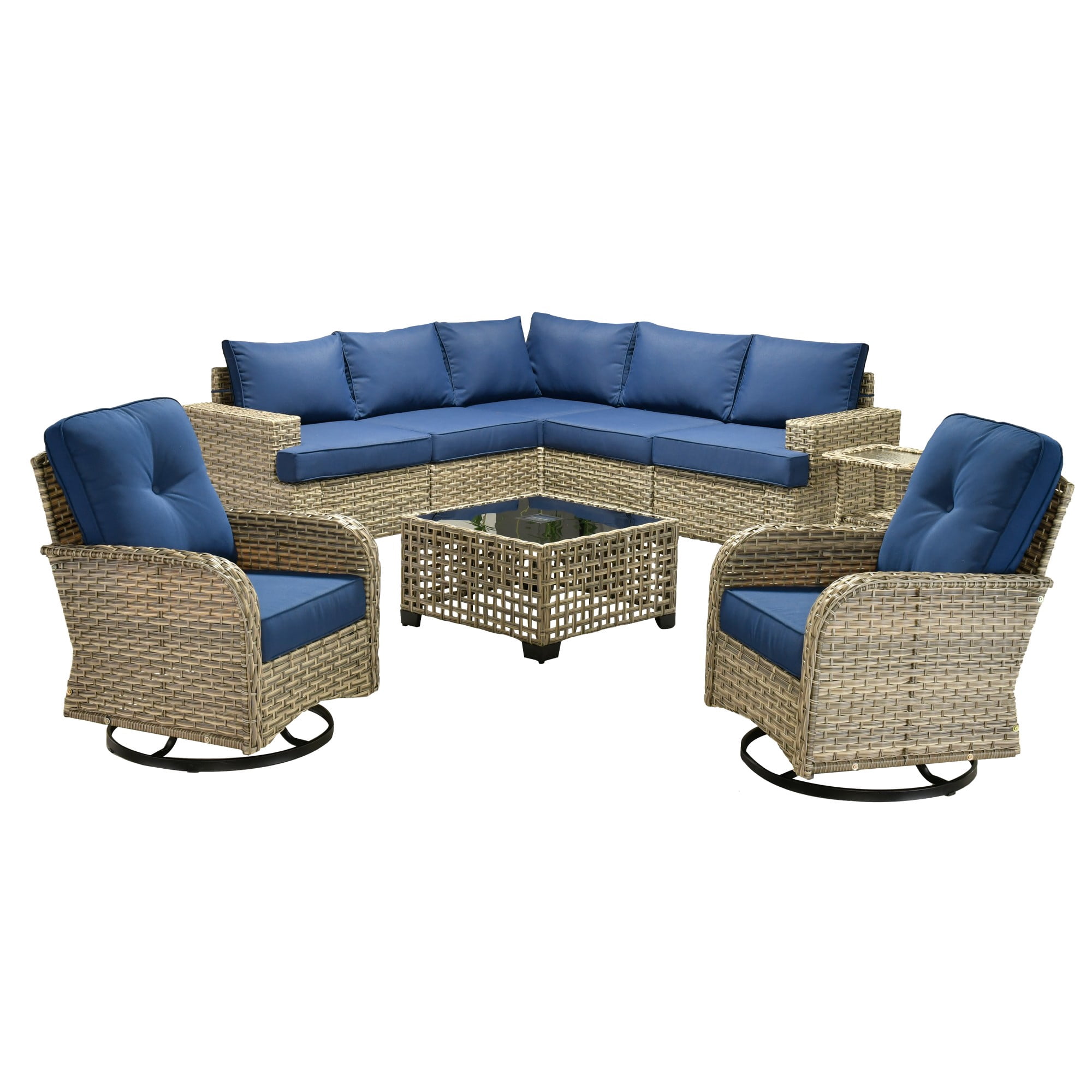 XIZZI 9-Piece Outdoor Patio Sectional Furniture Set, Wicker Conversation Set with Swivel Chairs and Solar Coffee Table (Navy Blue, 9-Piece) brinc