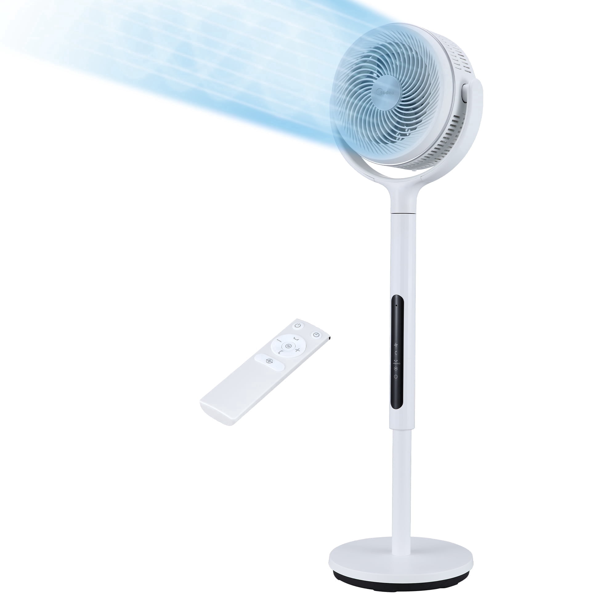 Midea Smart Pedestal Fan with Remote, 12-Speed Adjustable Height Oscillating Cooling Fan (White, 33.9-44.1 in) to45o