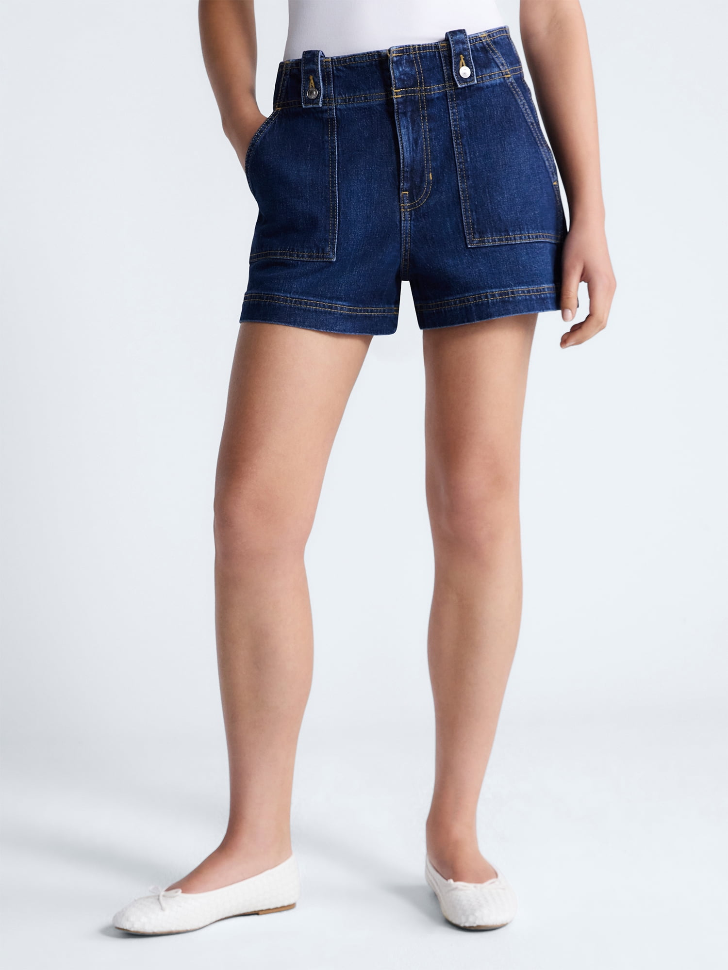 Free Assembly Women's High Rise Denim Utility Shorts (Grey, 4 in Inseam) 5l9ay