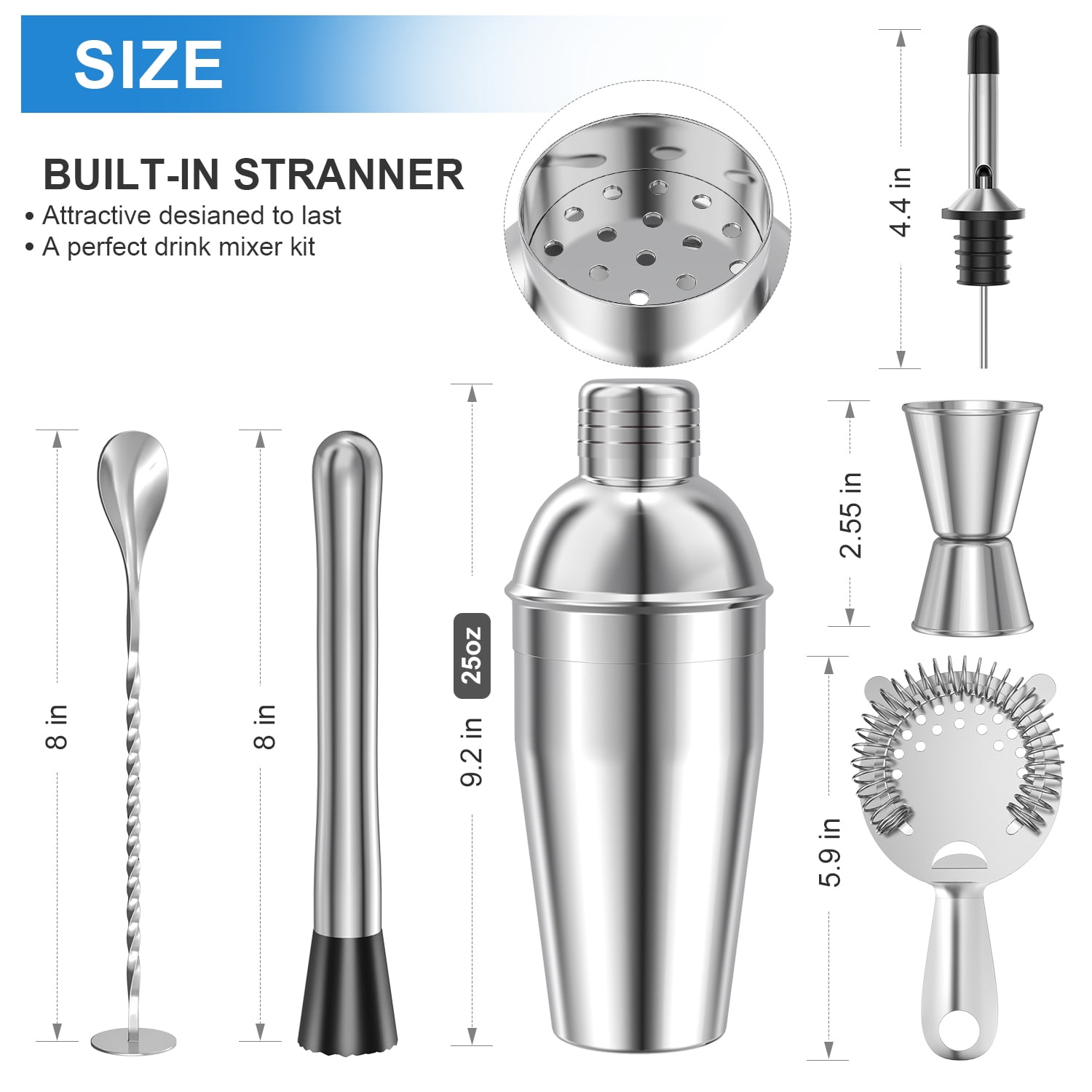 TINANA Stainless Steel Cocktail Shaker Set, Professional Bartender Kit with Bamboo Stand (Silver, 25 oz) p30f5