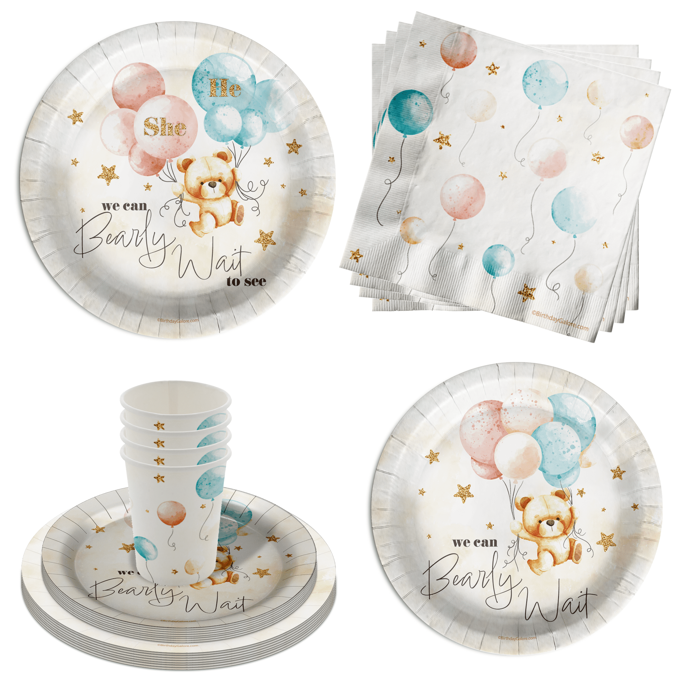 Birthday Galore Teddy Bear Gender Reveal Party Supplies (64 Piece Tableware Set, Serves 16) 1id5c