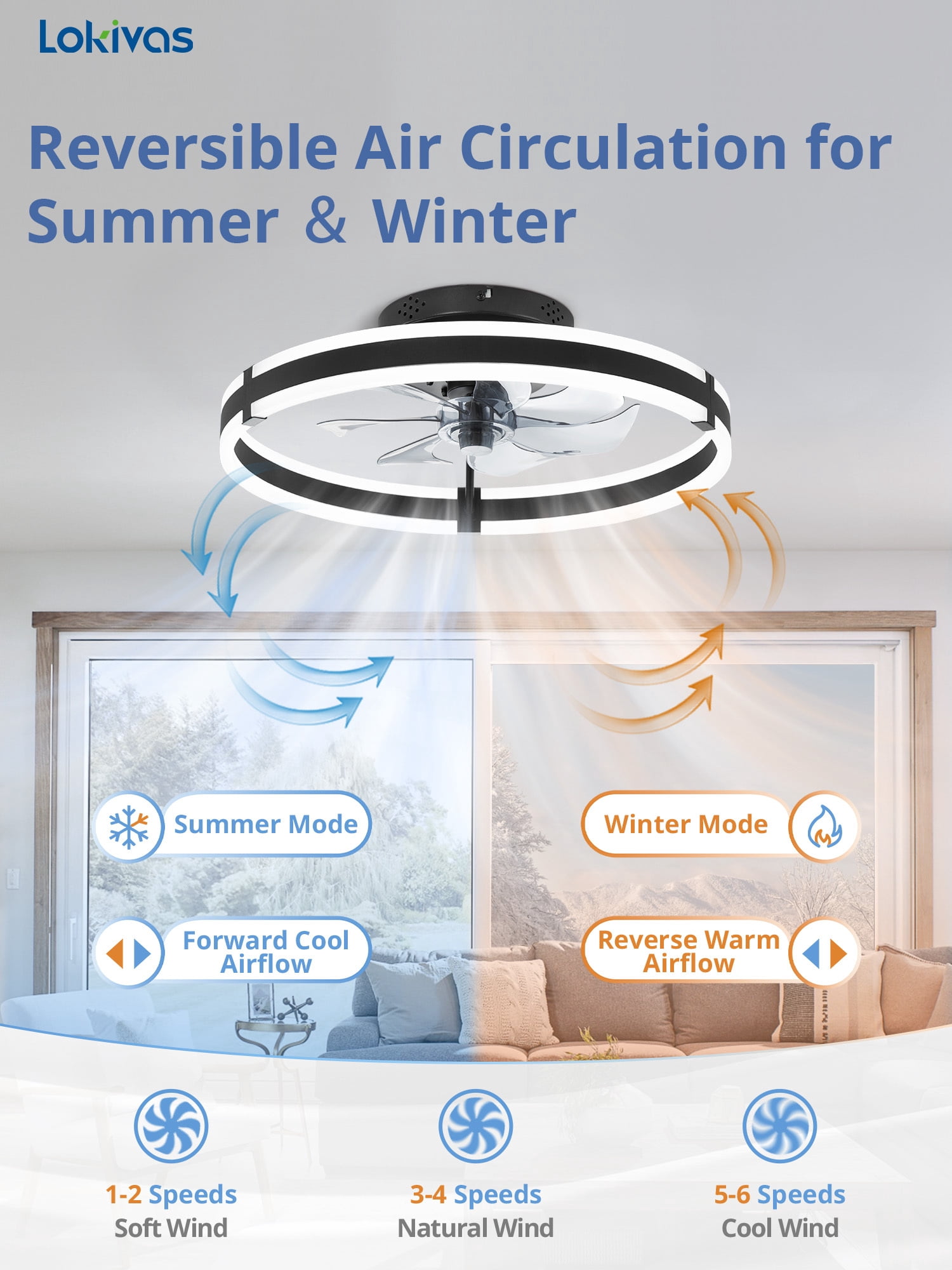Lokivas 20 in Modern Ceiling Fan with Light, Flush Mount, Dimmable LED, 6-Speed Quiet DC Motor, App and Remote Control (Black, 20 in) z63zs