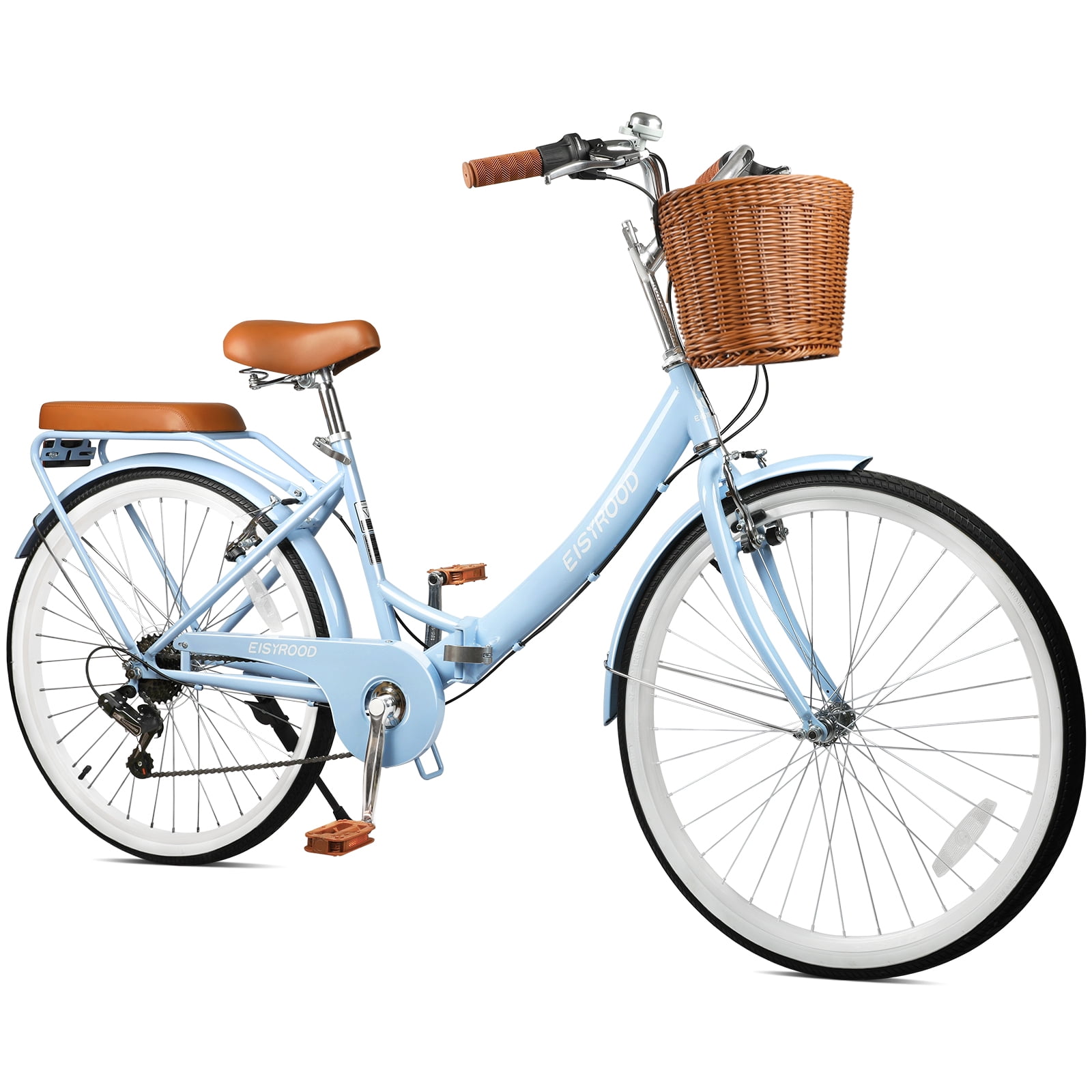 STICCIO 26 inch Folding Beach Cruiser Bike, 7-Speed Shimano City Bicycle with Basket and Rack (Blue, 26 in) u4hfg