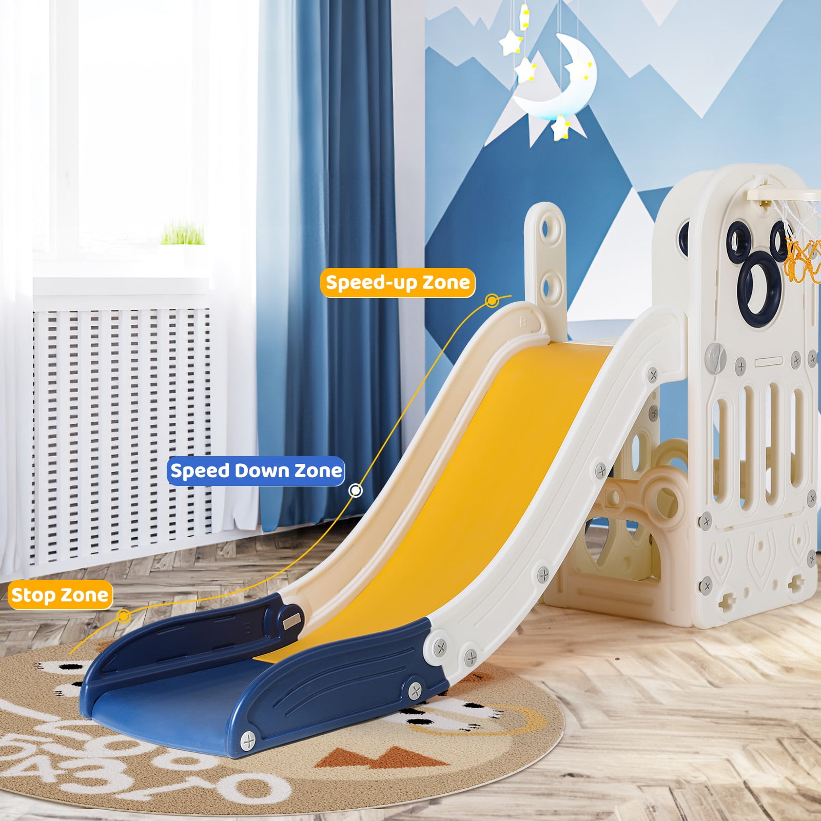 Arlopu 4-in-1 Toddler Slide and Climber Playset with Basketball Hoop (Blue, 60 in L x 18 in W x 30 in H) h7hyo