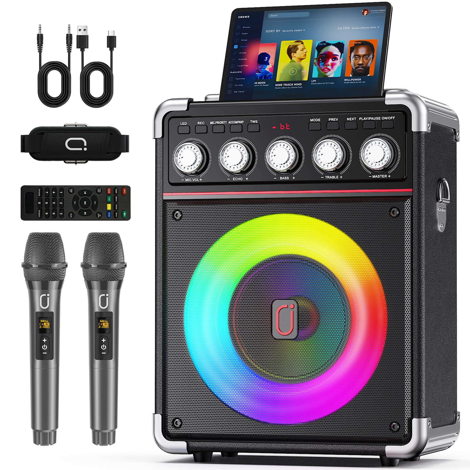 JAUYXIAN Portable Karaoke Machine with 2 Wireless Microphones, Bluetooth Speaker System for Parties (Black, 6.5 in Subwoofer) 0blqp