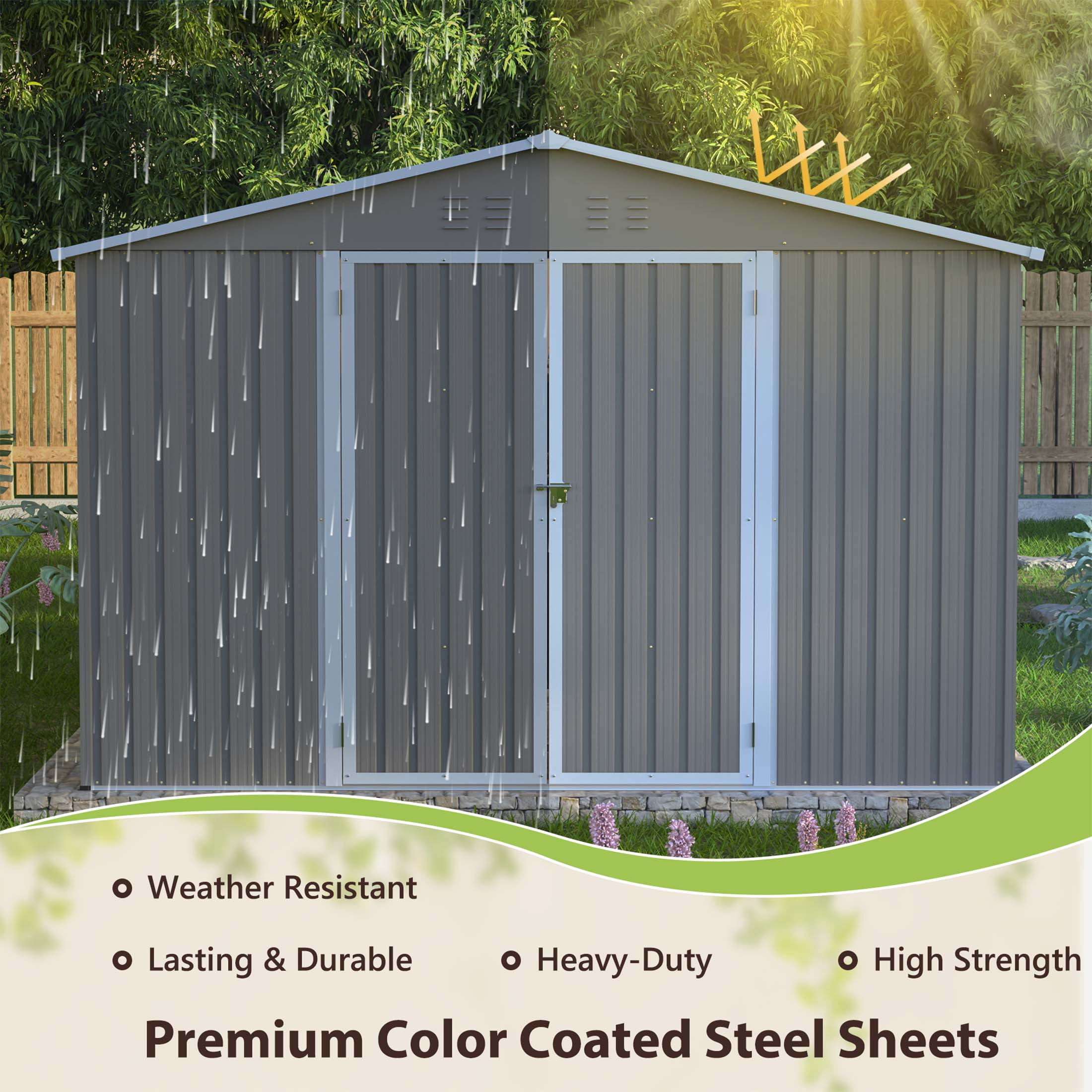 LZBEITEM Outdoor Storage Shed with Floor Frame Kit, Galvanized Steel Garden Tool Shed, Weatherproof Backyard Storage with Lockable Double Doors (Gray, 10 ft x 12 ft) 7fx83