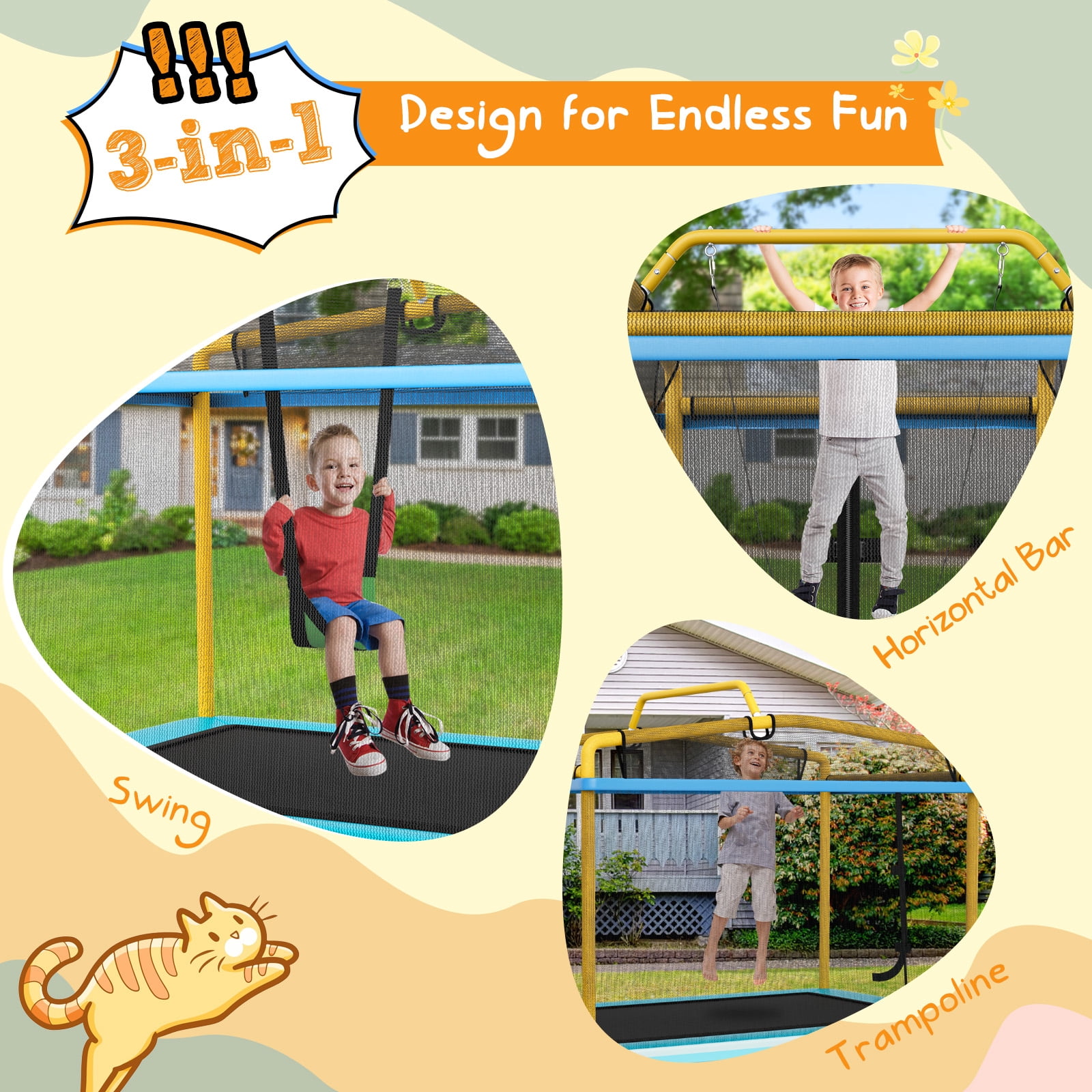 Topbuy 3-in-1 Kids Trampoline with Swing and Horizontal Bar (Yellow, 6 ft) gmhyd