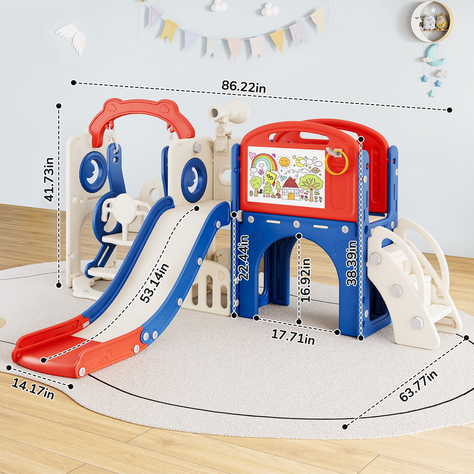Bobiber 11-in-1 Toddler Playground Slide and Activity Center (Blue/Red, 1 Unit) gxwhr