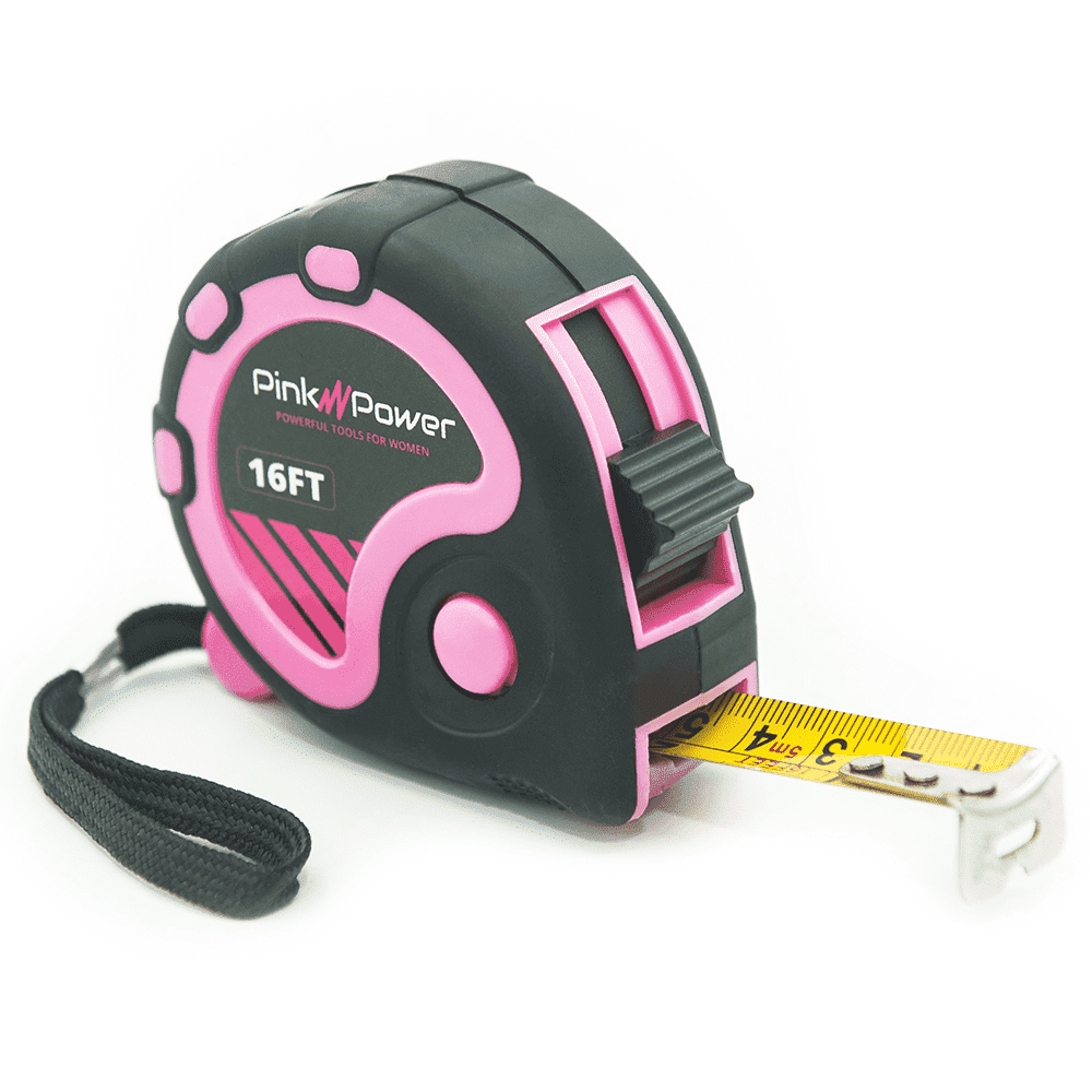 Pink Power Retractable Measuring Tape with Lock Button and Belt Clip (Pink, 16 ft) 1s5q1