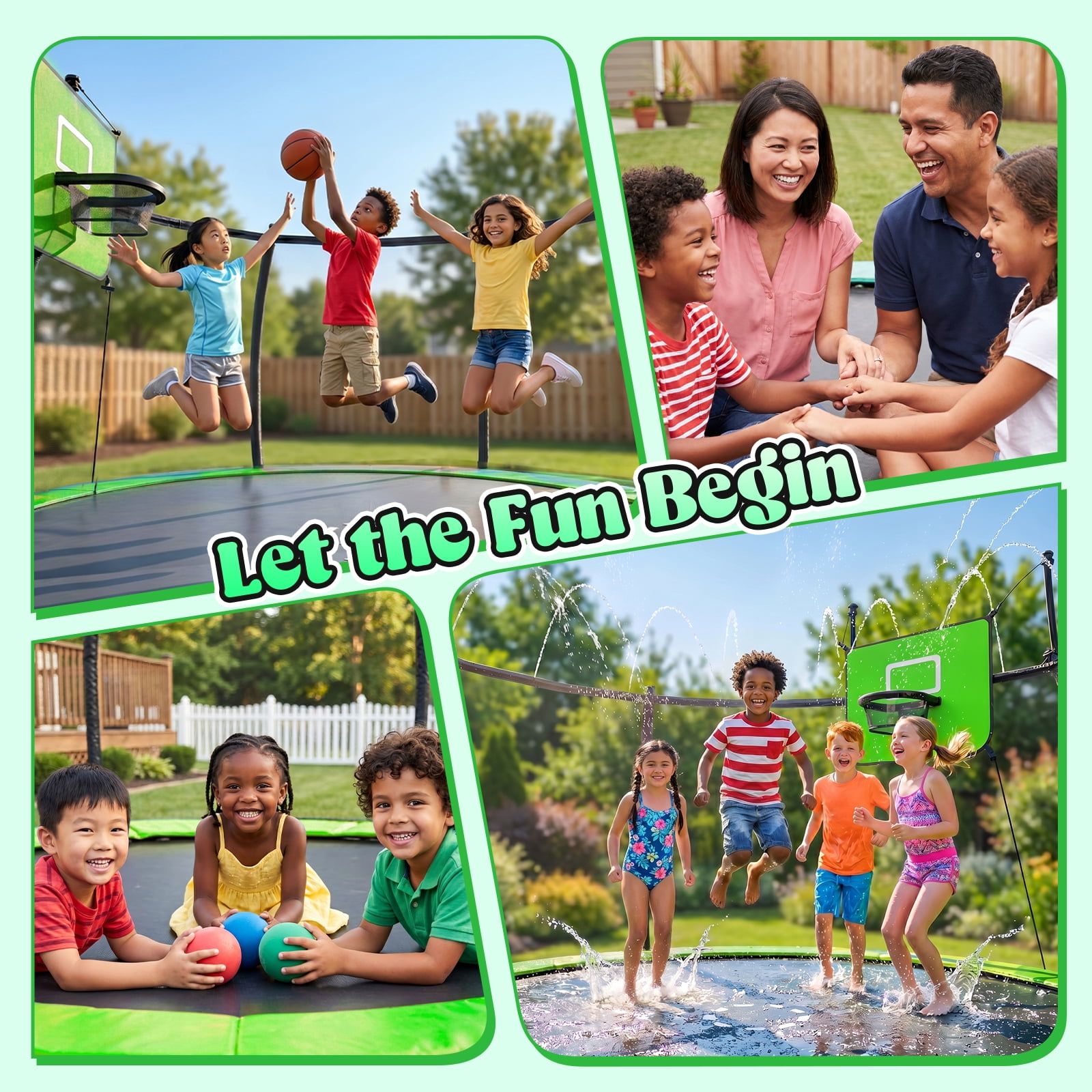 Gardwin Round Outdoor Trampoline with Safety Enclosure, Ladder, Sprinkler, and Basketball Hoop (Green, 12 ft) 8w8tp