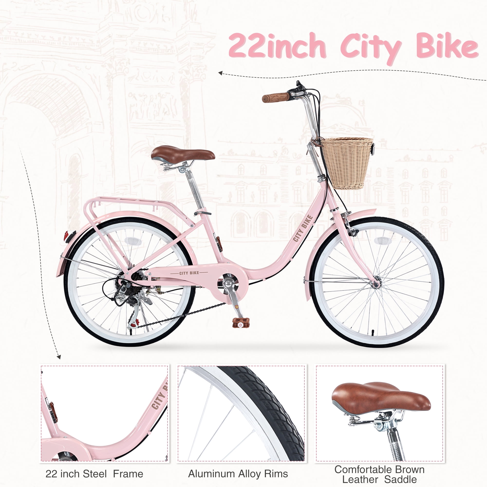 Tyethy Women's Beach Cruiser Bike 7-Speed Lady Bicycle with Basket (Pink, 22 in) tvizs