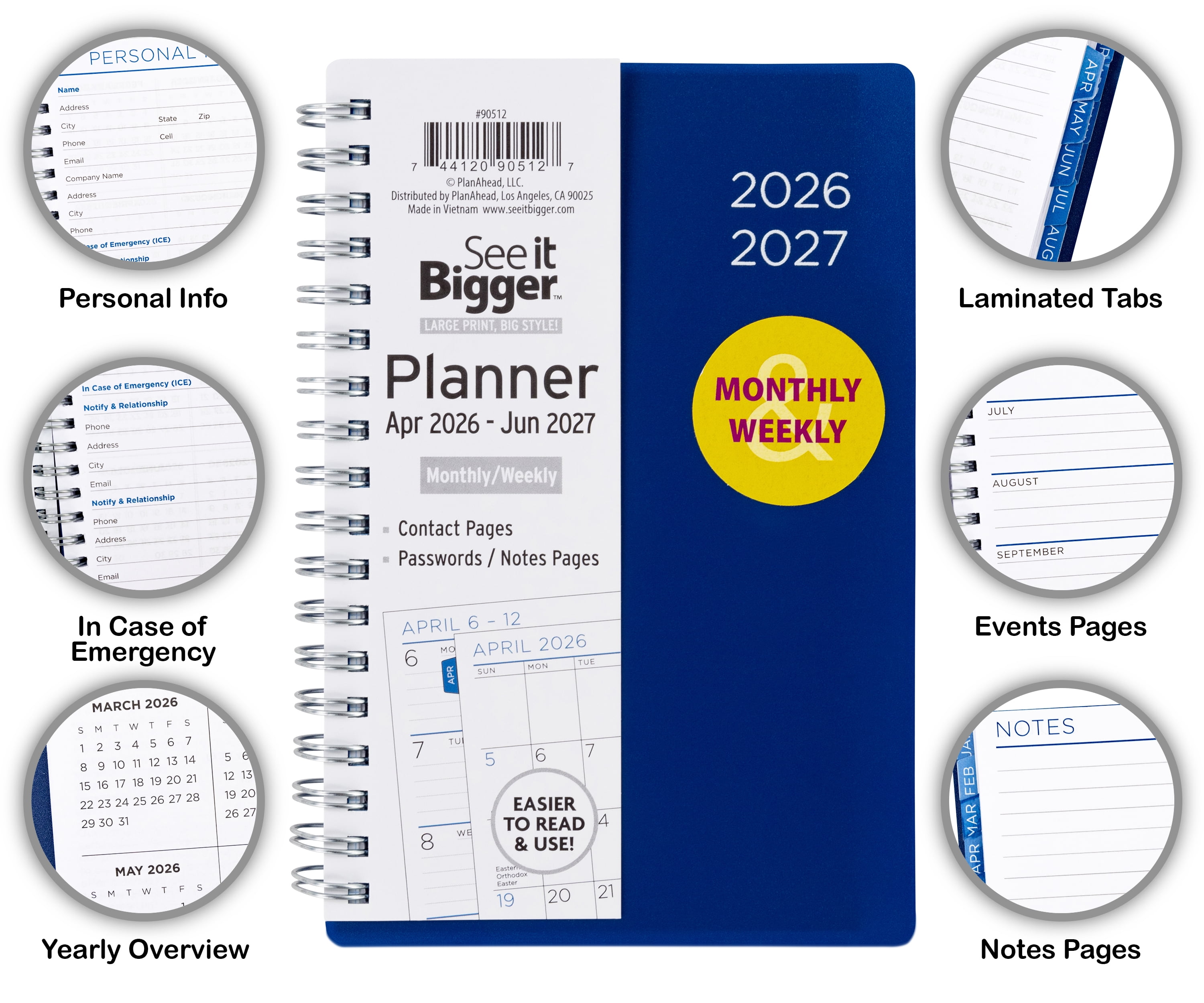 SEE IT BIGGER Monthly Weekly Planner, Large Print Planning System, Durable Softcover (Blue, 4.25 in x 6.5 in) uoh8f