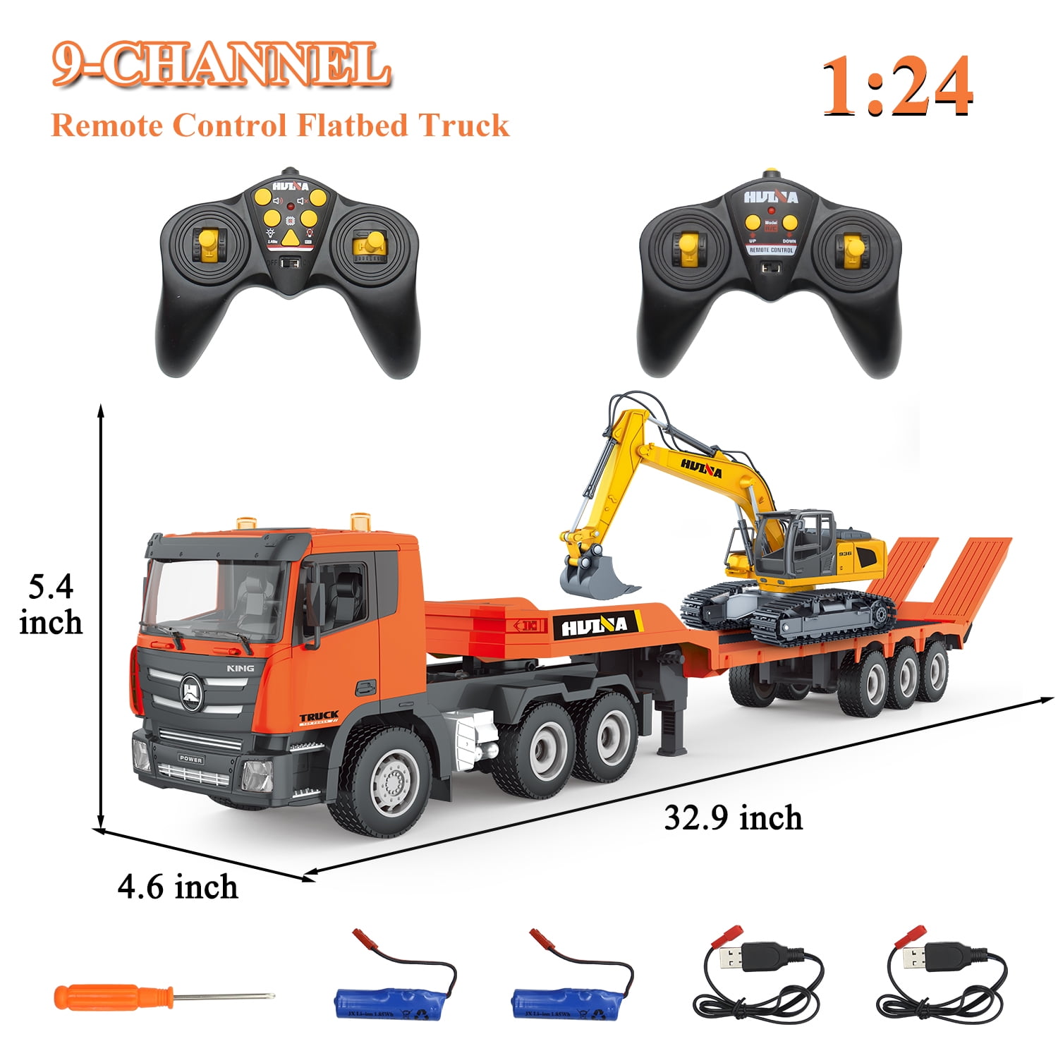 Fistone 2-in-1 Remote Control Excavator and Flatbed Semi-Trailer Truck Set (Orange, 1:24 Scale) bt42b