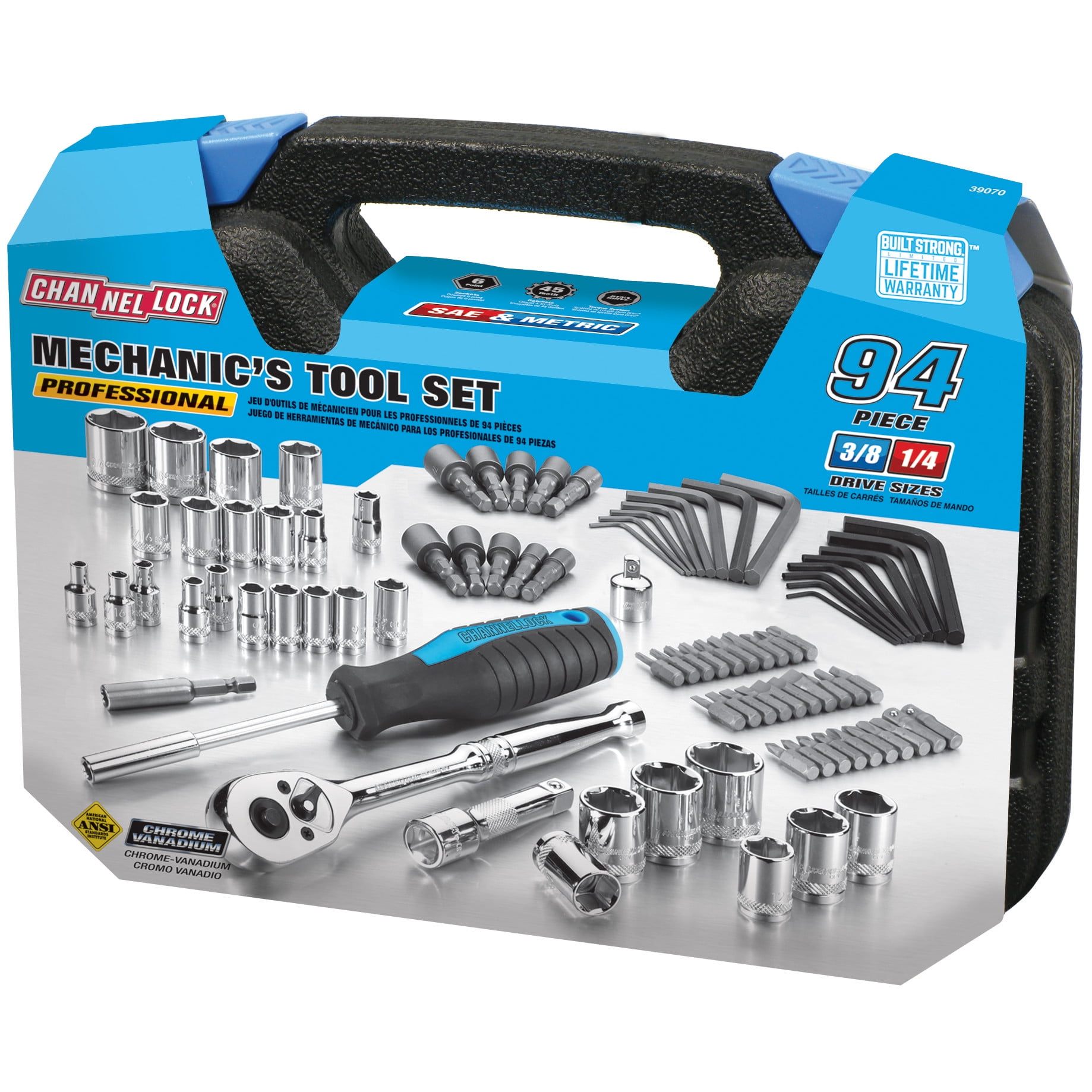 Channellock Mechanic's Tool Set with DYNA DRIVE Torque System, Chrome Vanadium Steel, Professional Grade (Silver, 94 Piece Set) e0a8o