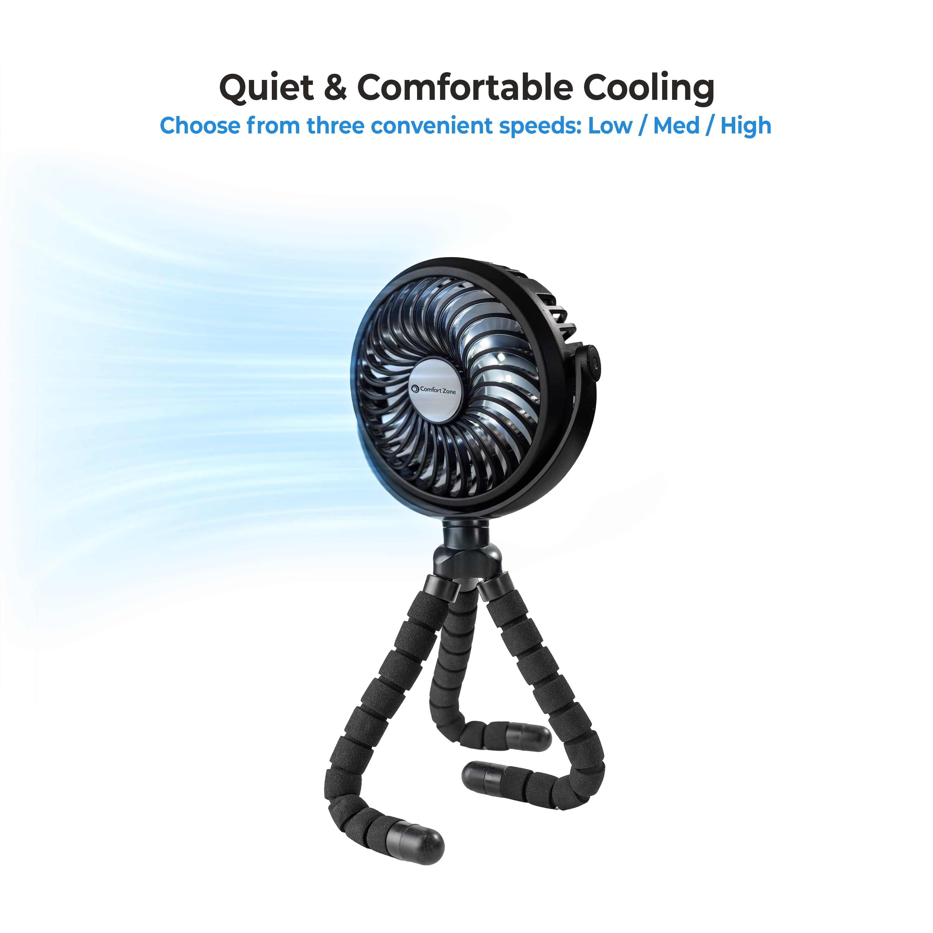 Comfort Zone 4 in Tri-Pod Stroller Fan, Portable Rechargeable Mini Fan with Flexible Legs (Black, 9 in Height) waimv