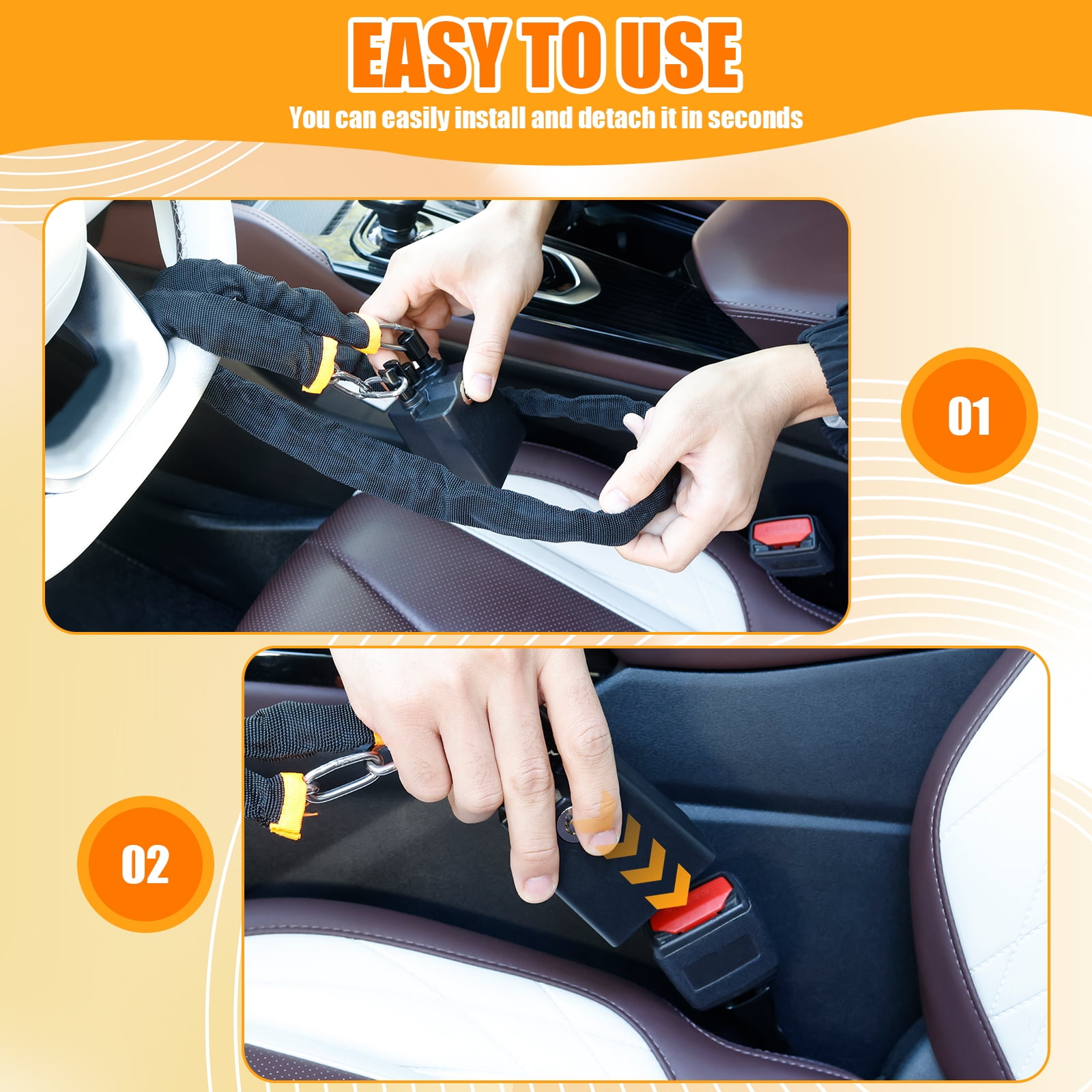 TMWEFUSC Universal Steering Wheel and Seat Belt Anti-Theft Lock (Black, 25.59 in) 7h8xw