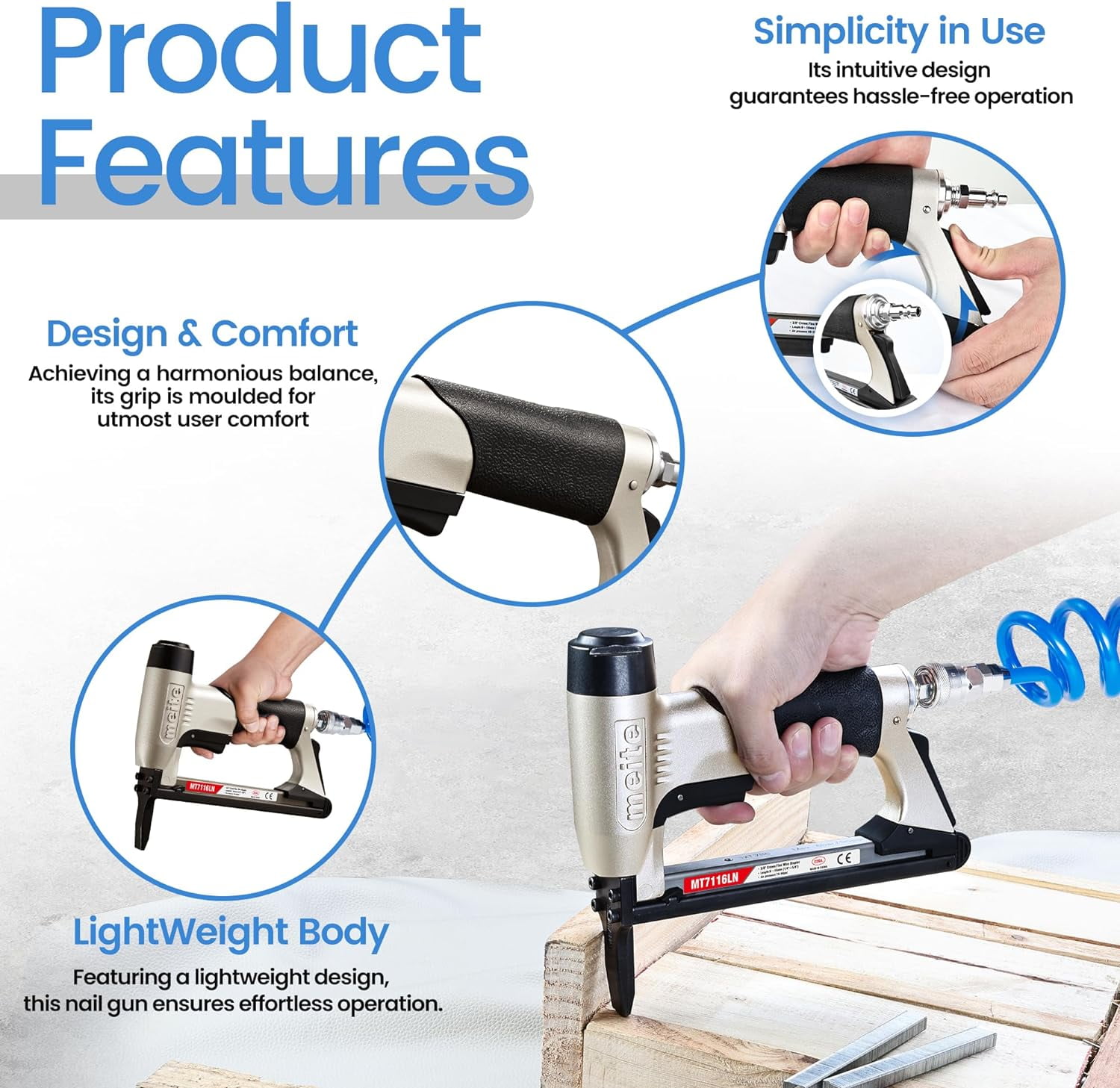 MEITE Long Nose Pneumatic Upholstery Stapler (Silver, 22 Gauge, 71 Series, 3/8 in Crown, 0.25 in to 0.625 in Length) c9f0k