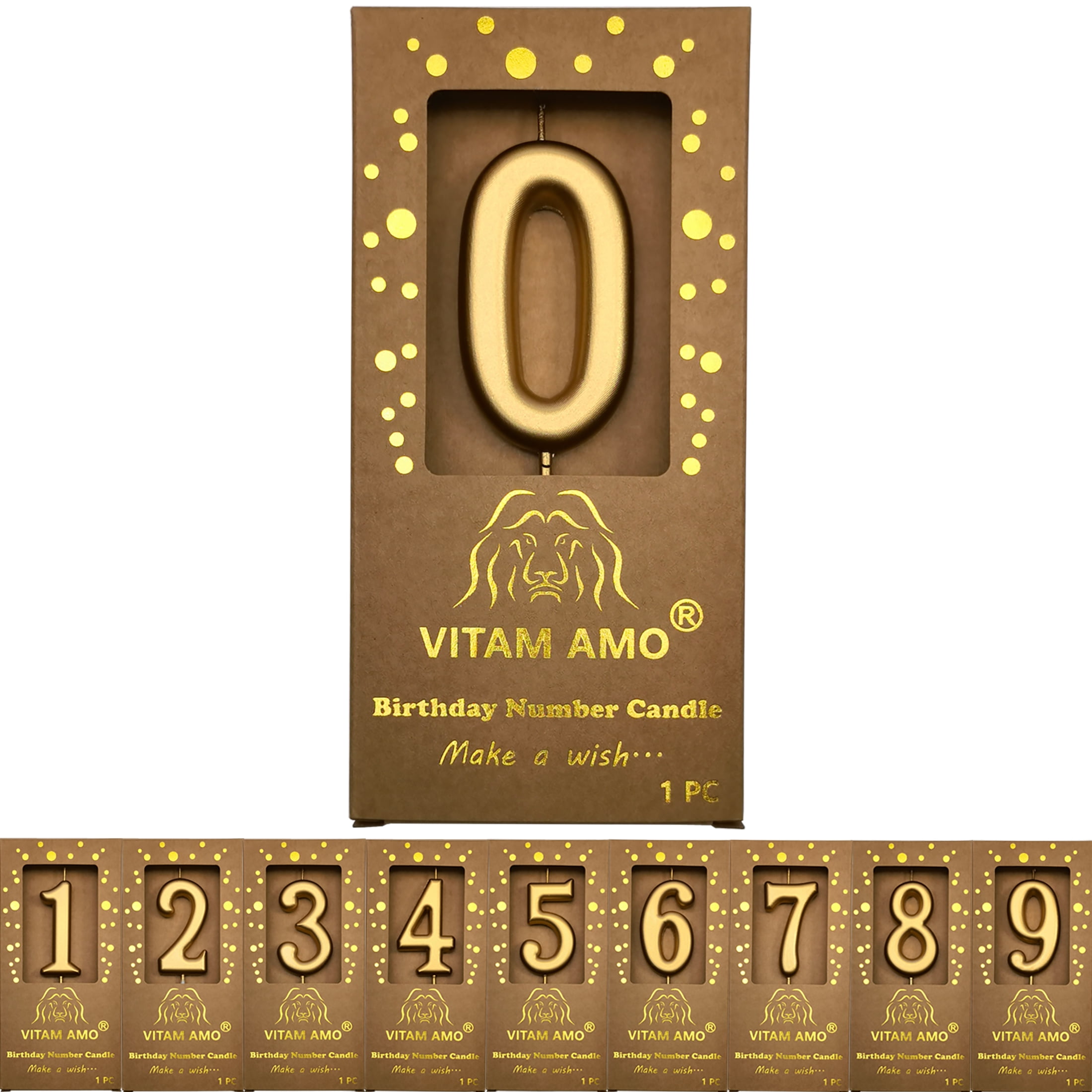 VITAM AMO Number 0 Cake Candle Vintage Style Metallic Gold Birthday Party Decoration (Large, 3.5 in) 872o0
