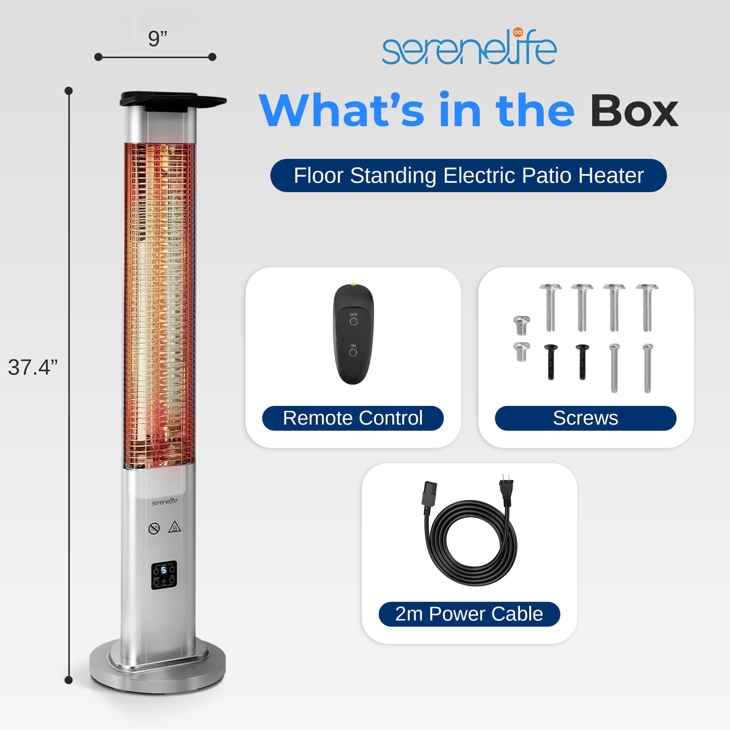 SereneLife Electric Infrared Patio Heater, Waterproof Outdoor Standing Porch Heater with Remote Control (Silver, 37.4 in) 4wyk8
