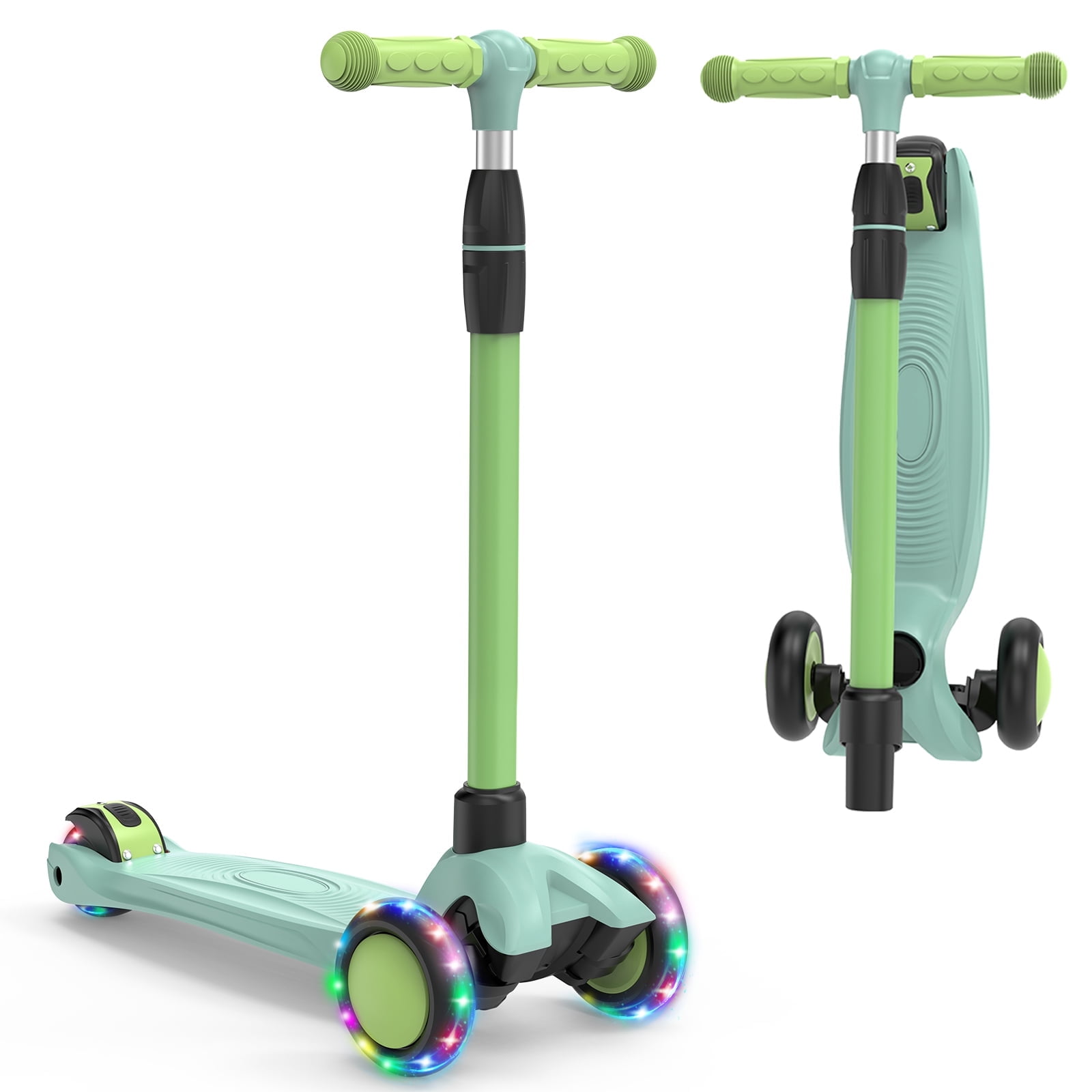 Spptty Kids Kick Scooter with 3 LED Lighted Wheels, Adjustable Height Handlebars, Lean-to-Steer, Foldable Design (Green, 8 lb) 9rnb7