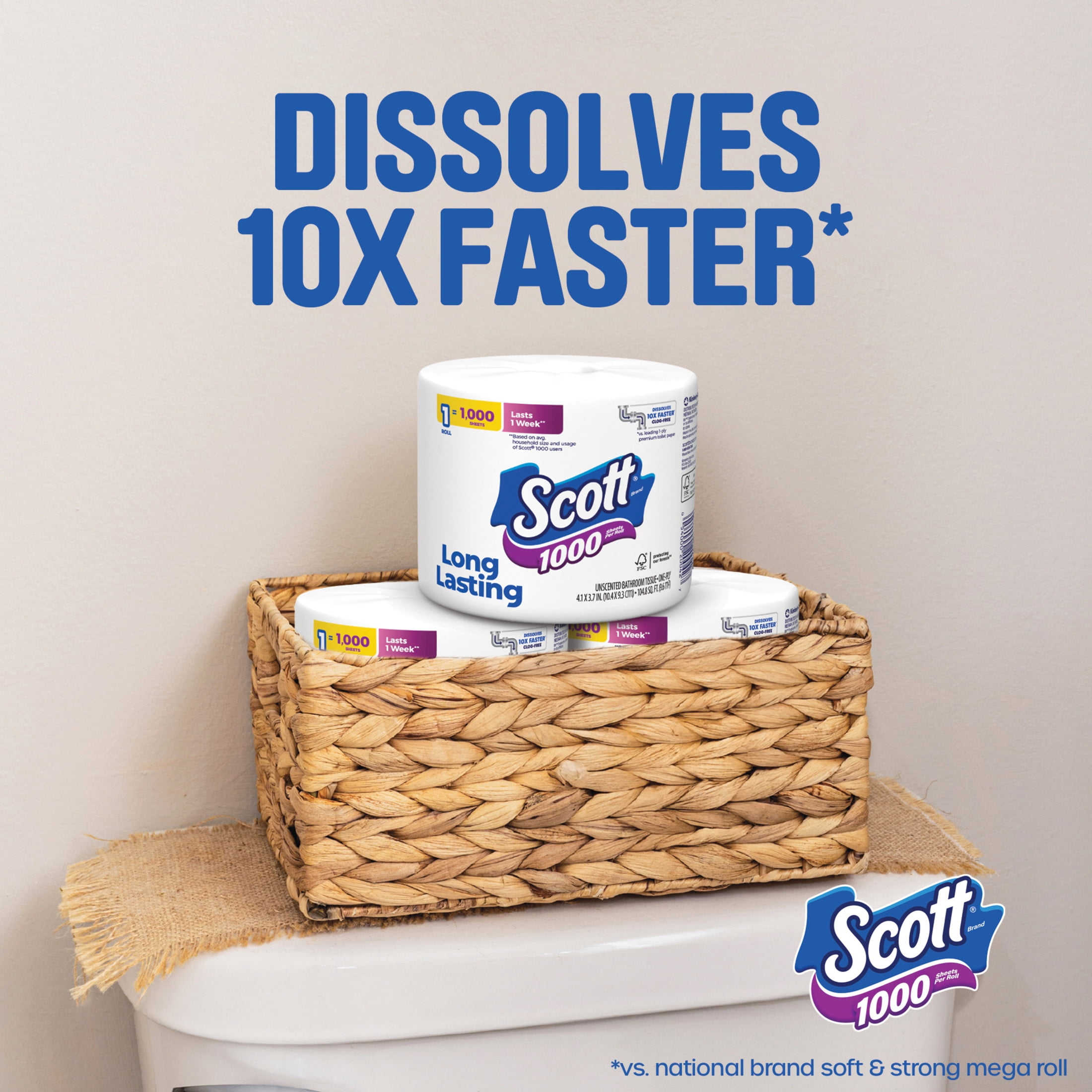Scott 1000 Toilet Paper, Long-Lasting 1-Ply Bath Tissue (White, 24 Rolls) 4mn86