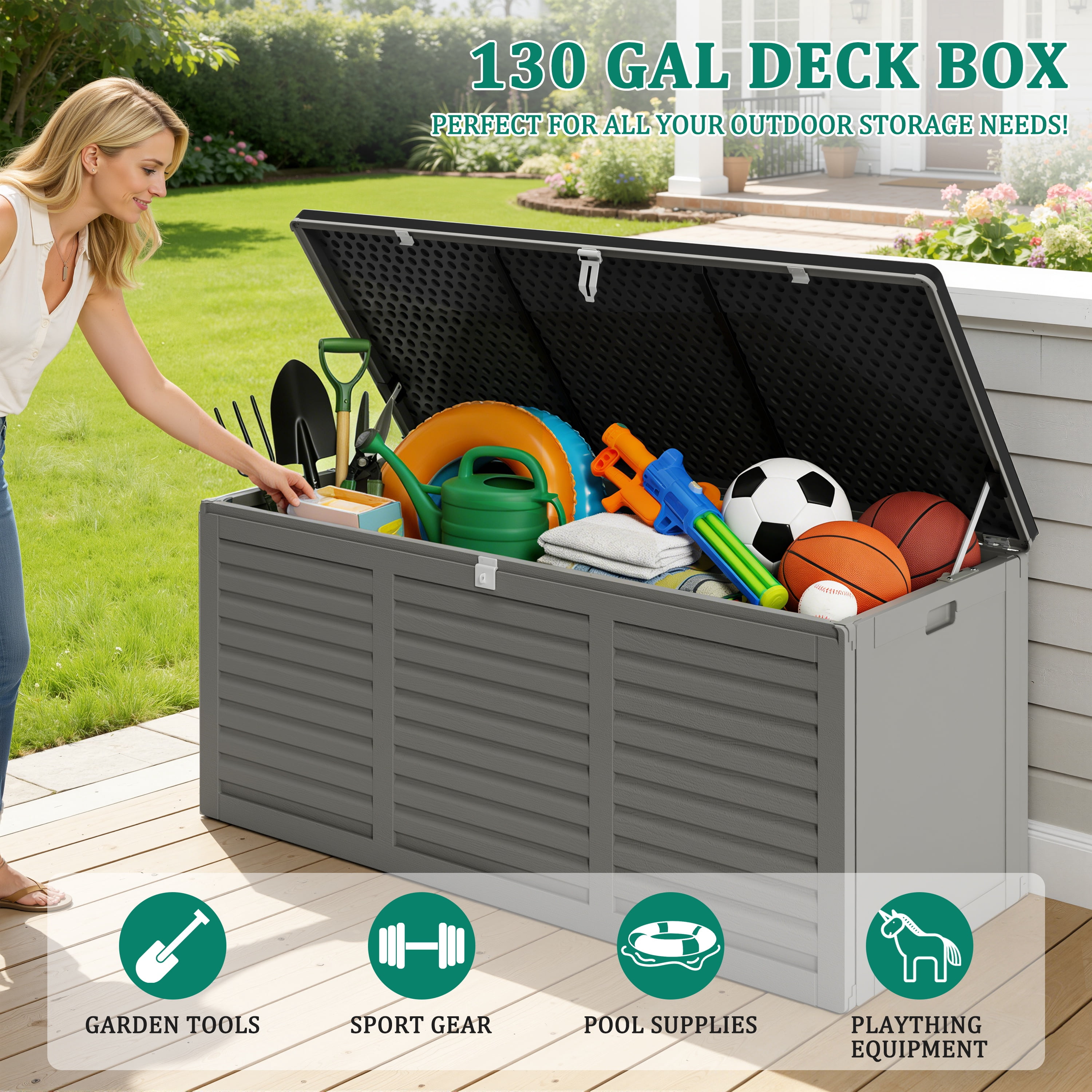 Segmart 130 Gallon Resin Deck Box, Outdoor Lockable Storage Container for Patio Cushions and Garden Tools (Grey, 130 Gallon) y5sgd