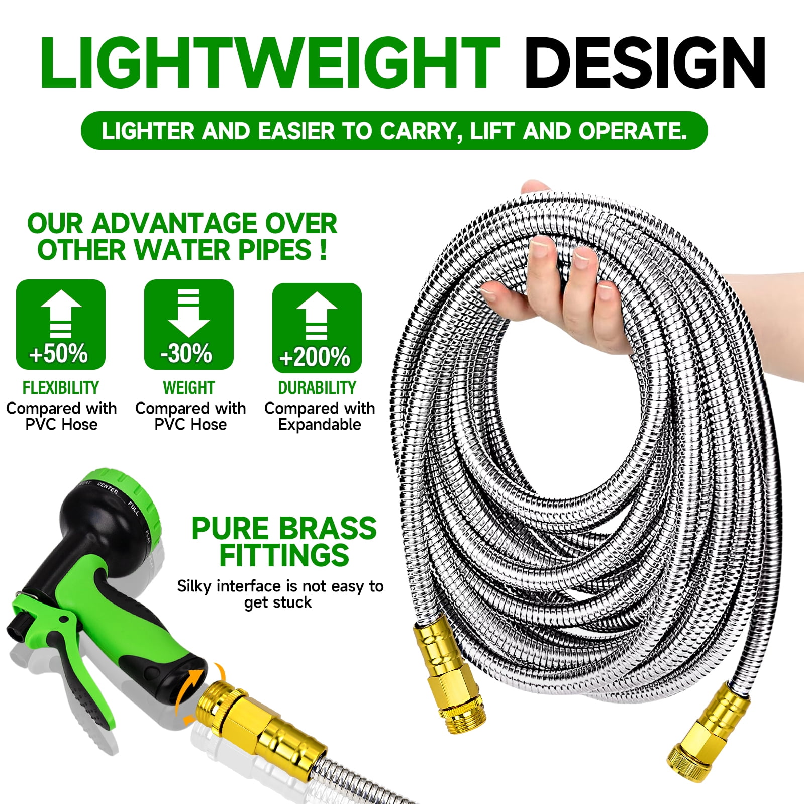 LOVFEN Stainless Steel Garden Hose with 9-Function Spray Nozzle (Silver, 25 ft) u6z3o