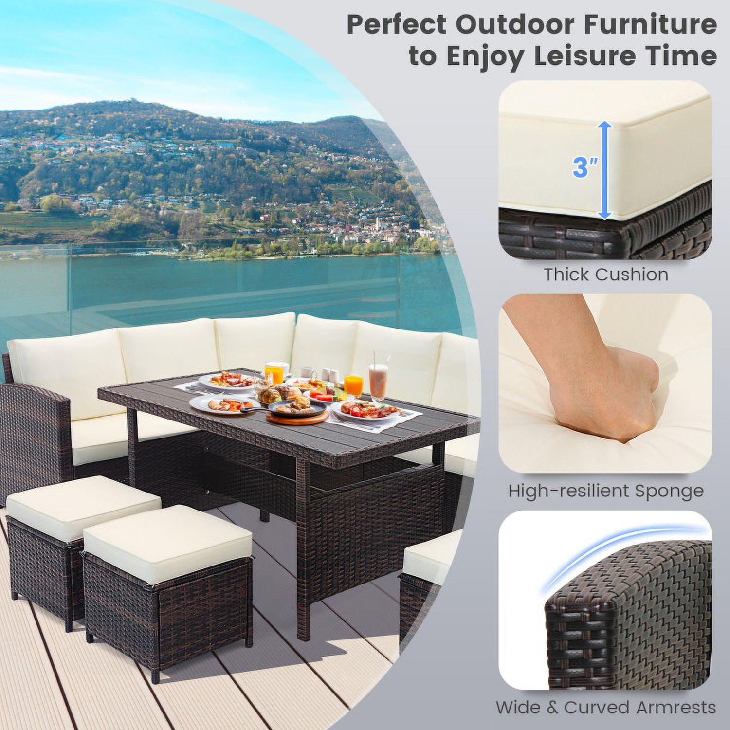 GVN 7-Piece Wicker Patio Furniture Set, Outdoor Sectional Sofa with Coffee Table (White, 7-Piece Set) w14mi